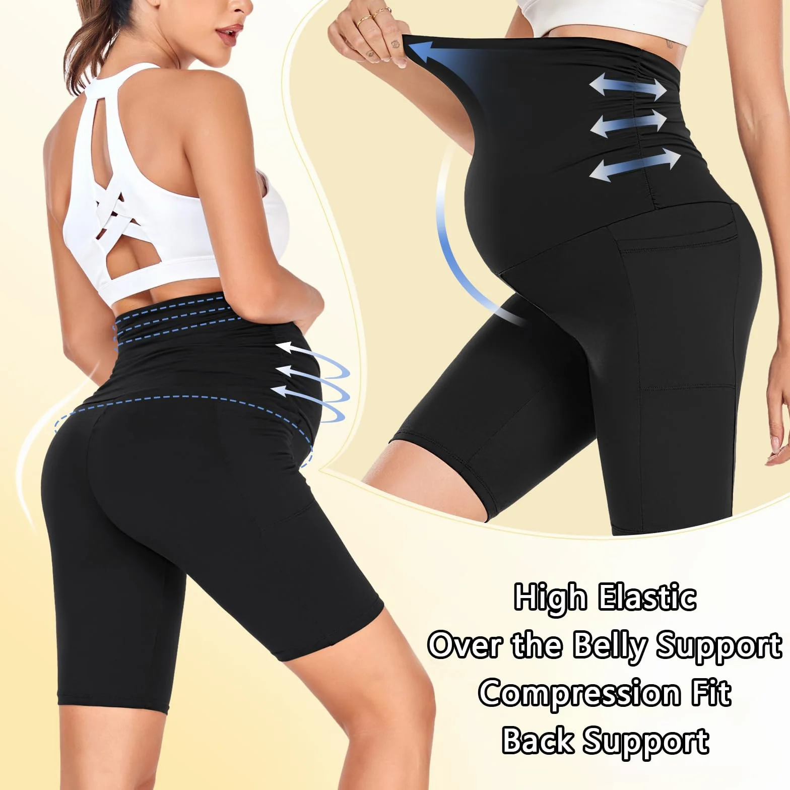 Short de maternité avec poches, taille haute, soutien du ventre, legging de grossesse, pantalon pour cyclisme, yoga, entraînement