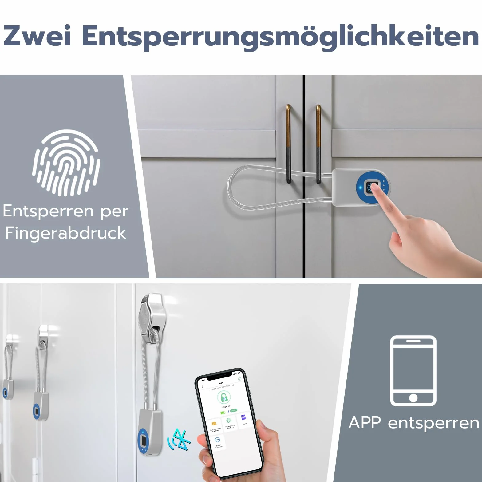 Anweller Cadenas à empreintes digitales avec câble antivol 22 cm pour vélo scooter électrique