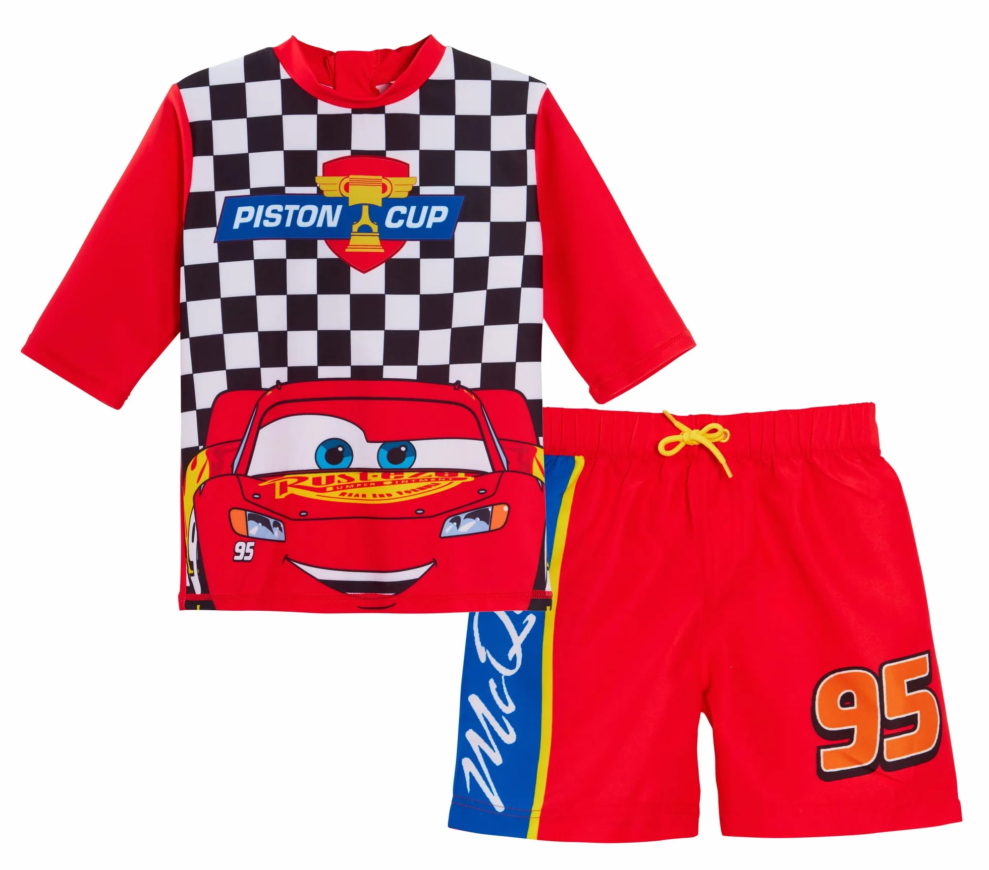 Short de Bain Cars pour garçons + Haut Anti-UV Lightning McQueen, Ensemble de Natation 2 pièces pour Enfants avec t-Shirt de Surf et Boardshorts.