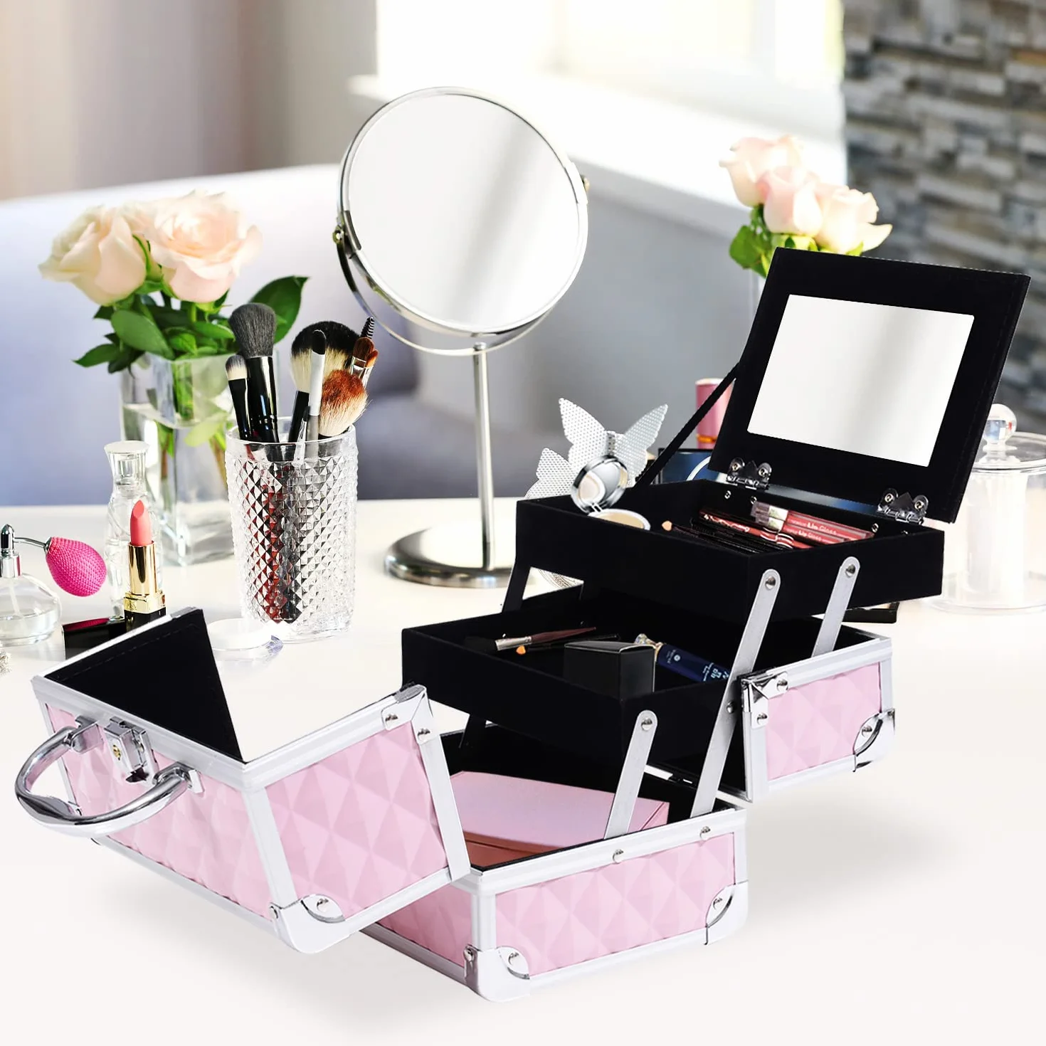 HOMCOM Mallette à Maquillage Rangement 3 Niveaux Miroir Verrouillage 2 Clés