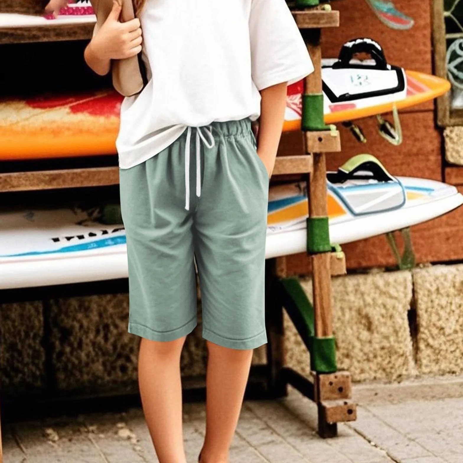 Berme pour fille avec poches pour yoga, marche, athlétisme, short long pour enfants, longueur genou