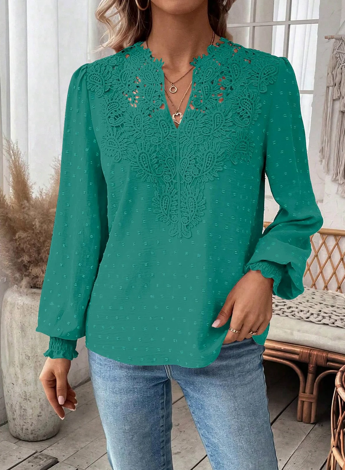 Tee Shirt Femme Bohème Col en V Top Manches Longues Blouse Élégant | Automne Chemise, Plissé Lâche, Dentelle Tunique, Fluide à Point Suisse T-Shirts, Volants Décontracté Blouses, Loose Hauts