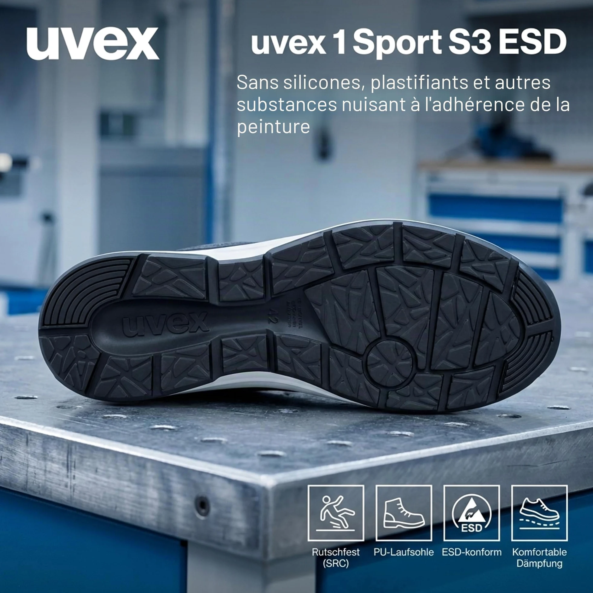 Uvex 1 Sport - Chaussures de Travail pour Hommes S3 SRC ESD - Baskets Légères de Sécurité avec Embout - Velours - Noir