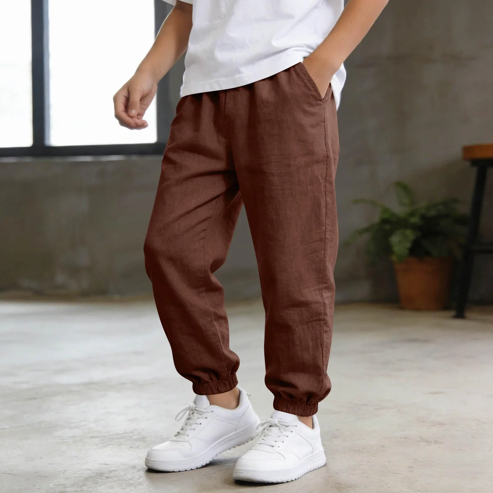Pantalon Coton Lin Enfant Garçon Décontractés de Plage Léger Été Sport Casual Respirant Pantalon Lin avec Cordon Taille Elastique Garçon Pantalons Large avec Poches pour Activités Quotidiennes