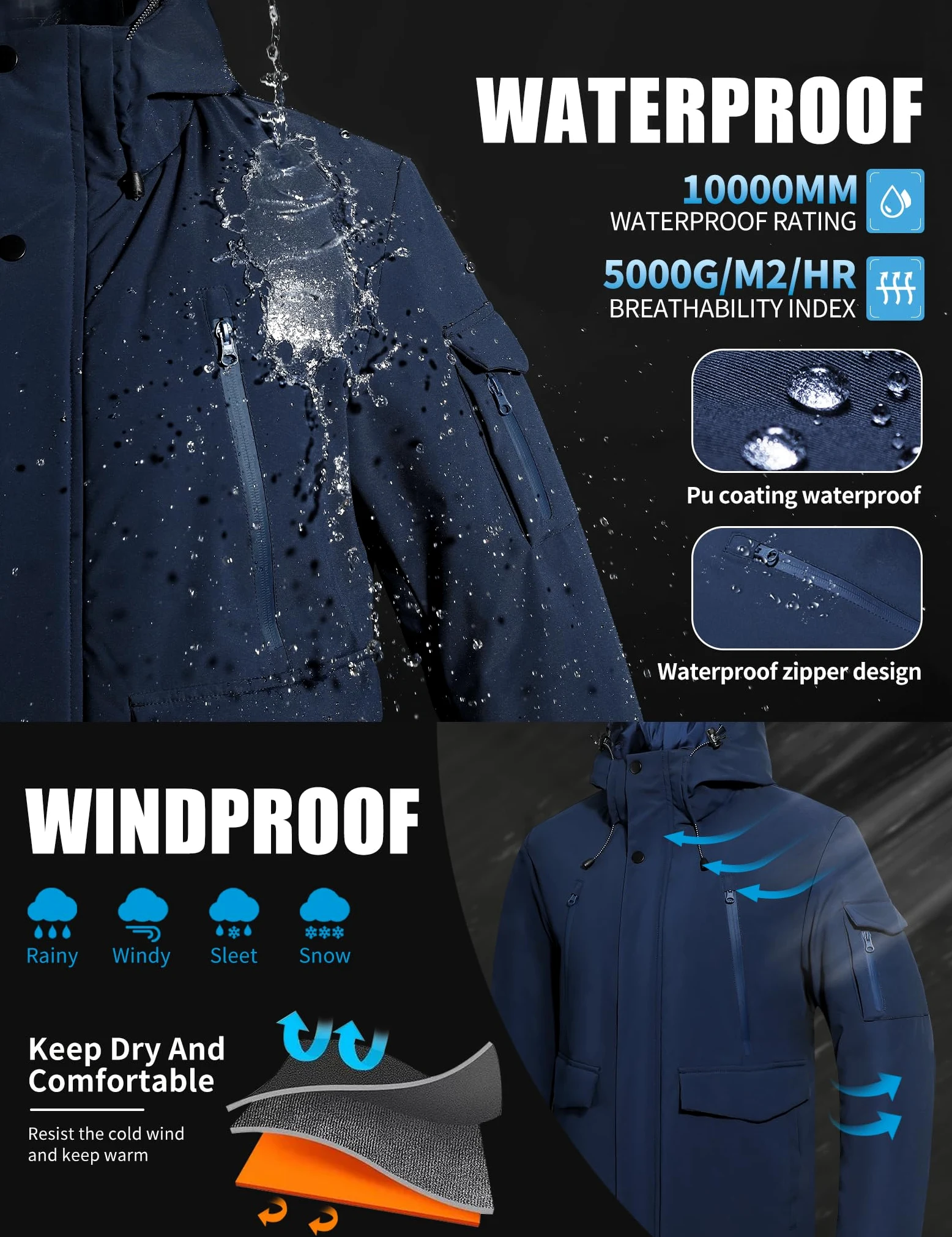 Pioneer Camp Manteau Homme Hiver Imperméable Doublé Polaire Chaud Veste avec 9 Poches Capuche Coupe-vent Isolée Homme Jacket Parka (S-XXL)