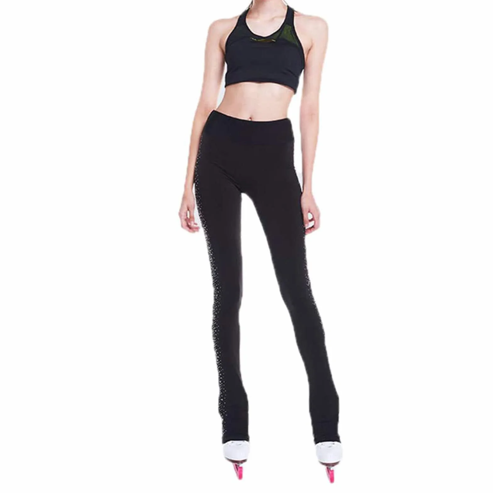 ZMIN Strass Patinage sur Glace Pratique Collants Pantalon Figure Skate Long Pantalon Legging avec Doublure en Molleton pour Femmes Filles,Noir,M
