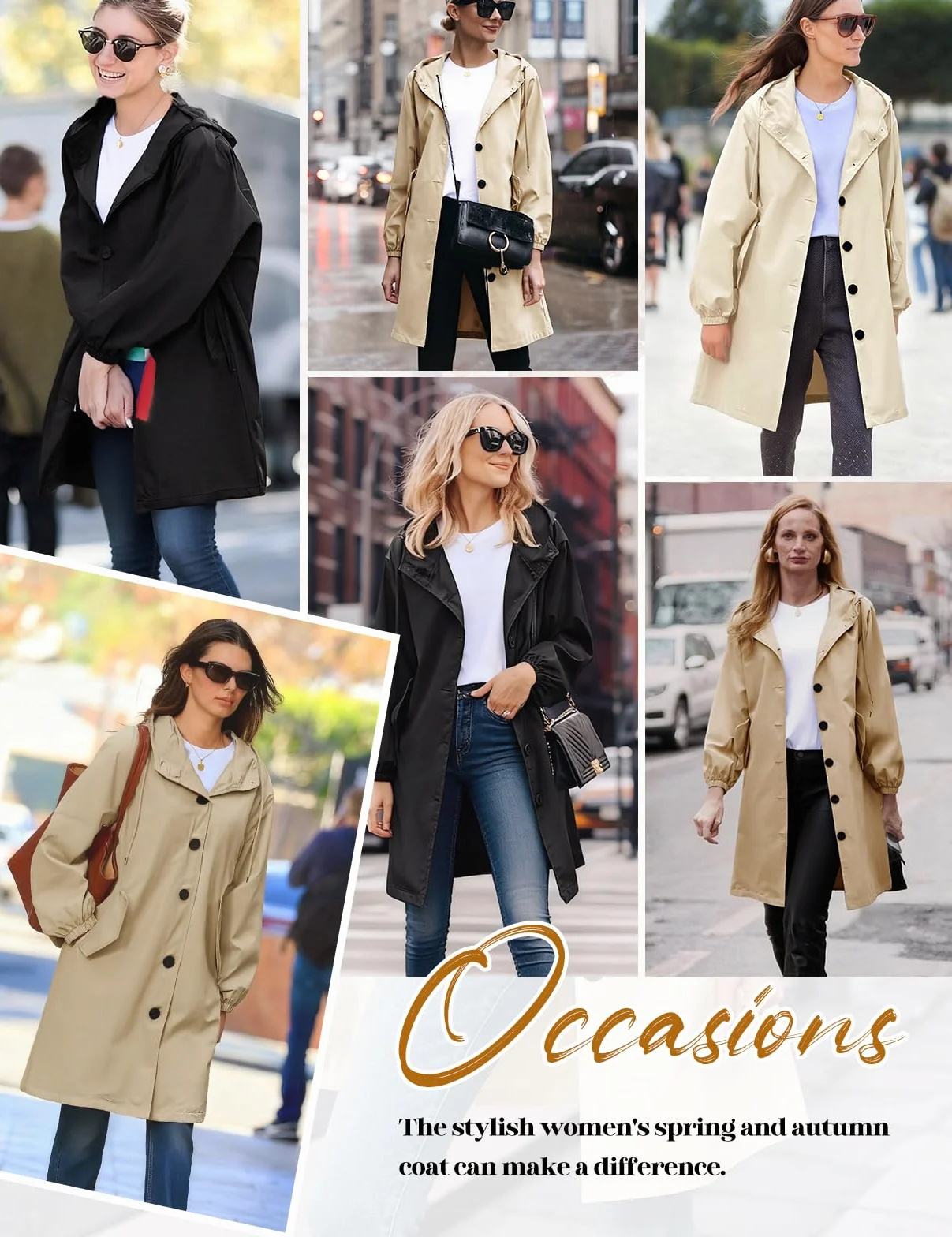Vancavoo Trench Femme Long à Capuche Léger Veste Long Blouson mi Saison | Manteau mi-saison Boutonné avec Taille Ajustable, Poignets Elastiques et Poches pour Printemps et Automne