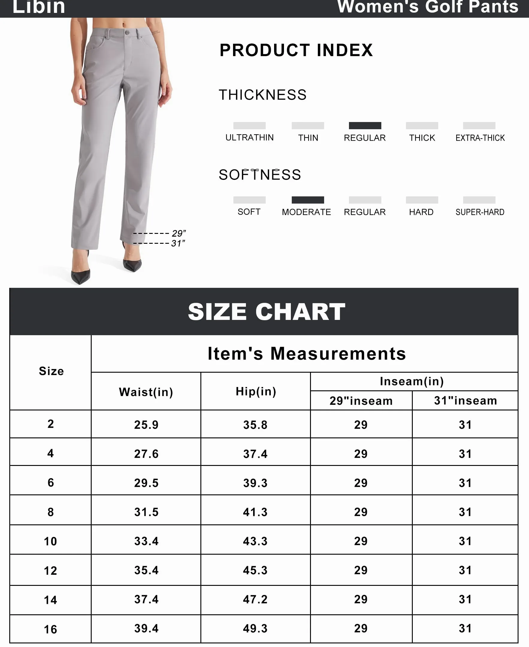 Libin Pantalon habillé pour femme 73,7 cm, 78,7 cm, extensible, jambe droite, pantalon de travail, pantalon de golf décontracté pour le bureau, le travail, le voyage, léger, gris clair, 34