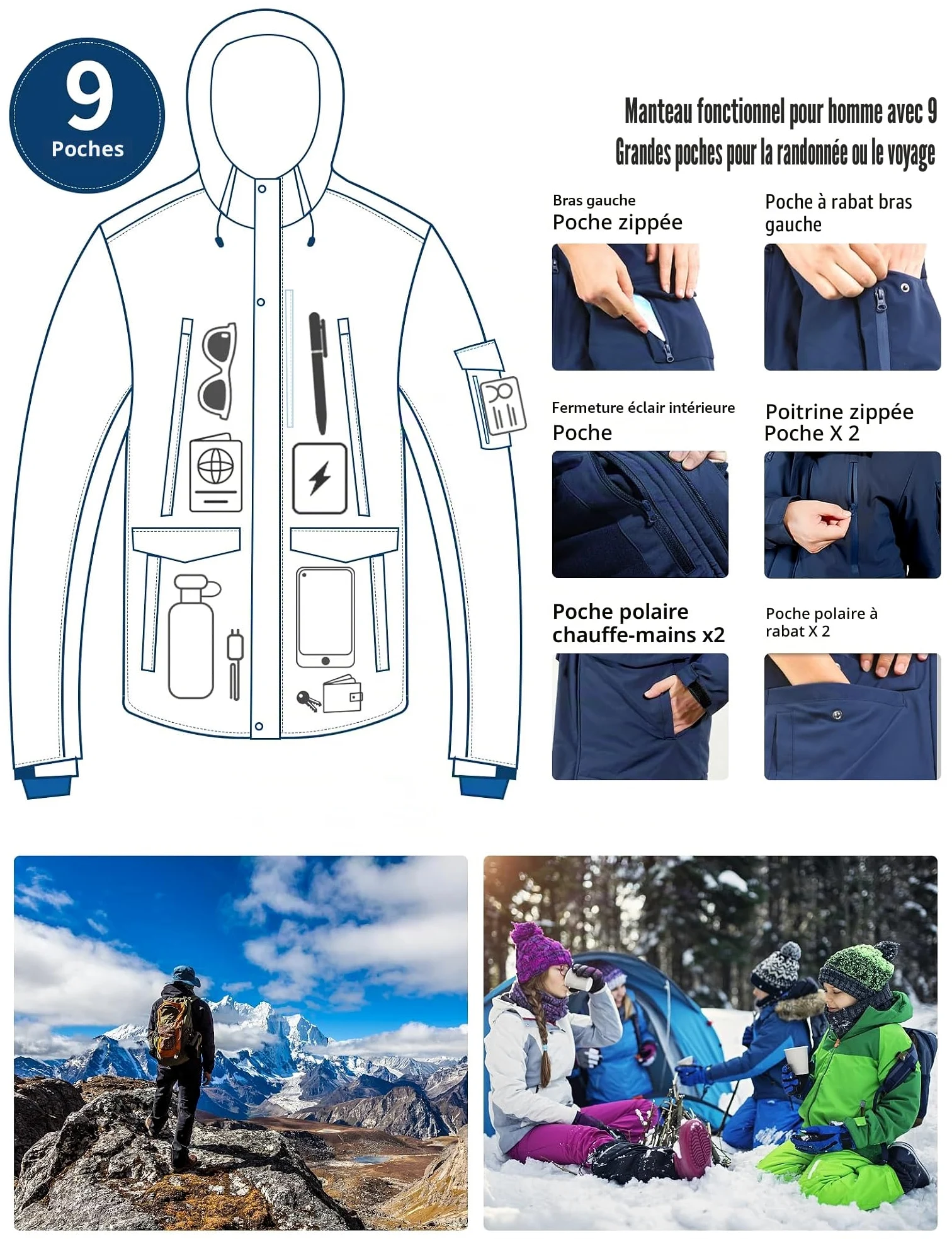 Pioneer Camp Manteau Homme Hiver Imperméable Doublé Polaire Chaud Veste avec 9 Poches Capuche Coupe-vent Isolée Homme Jacket Parka (S-XXL)
