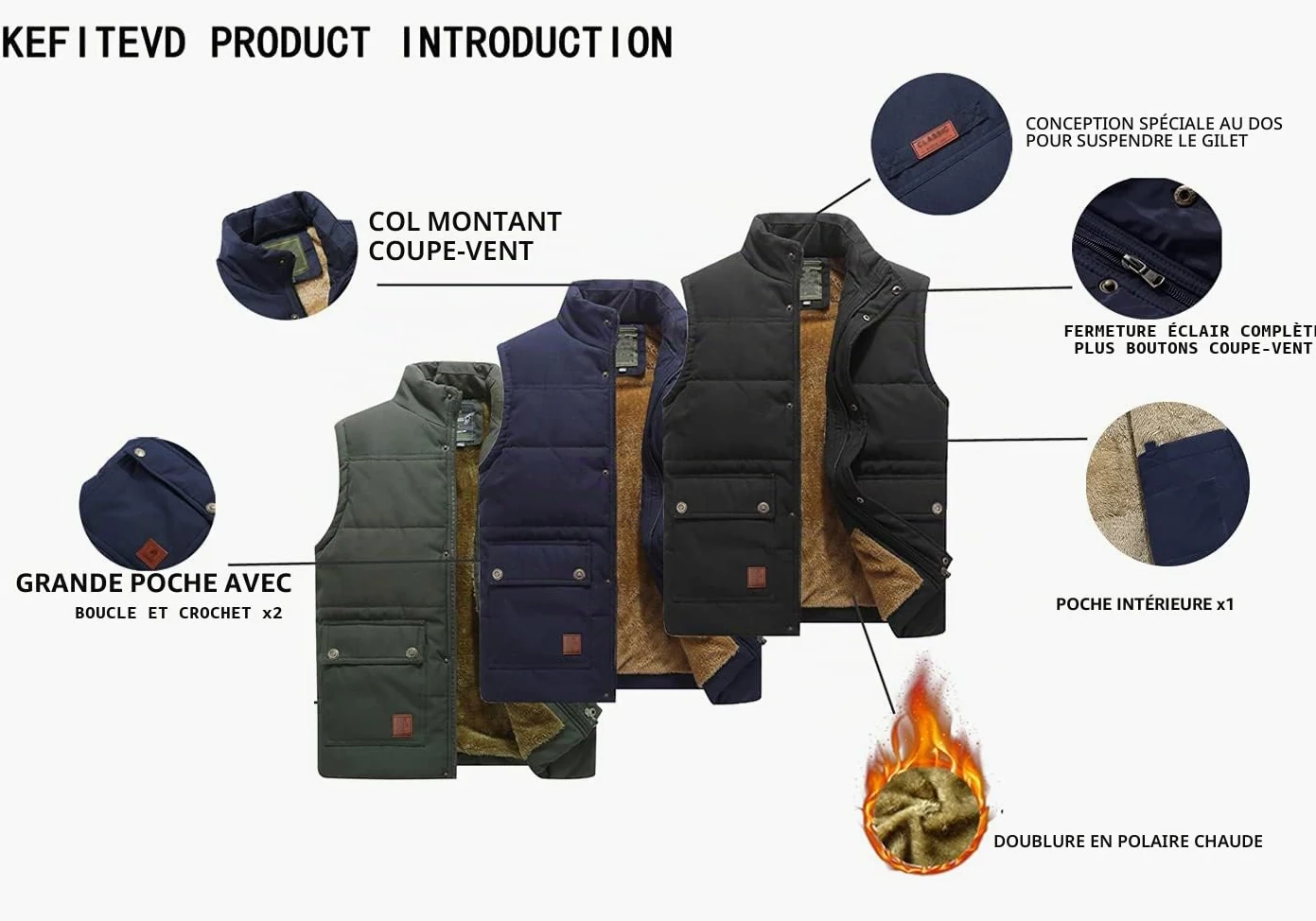 KEFITEVD Hommes Hiver Polaire Pêche Corps plus Chaud Coupe-vent Gilet de Photographie en Plein air avec Plusieurs Poches