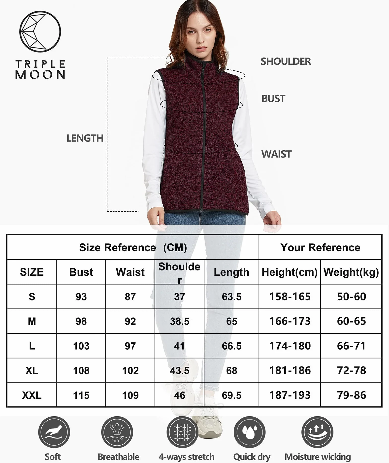Triple Moon Gilet polaire pour femme - Gilet d'extérieur sans manches pour la course, la randonnée, le camping, les loisirs, la maison