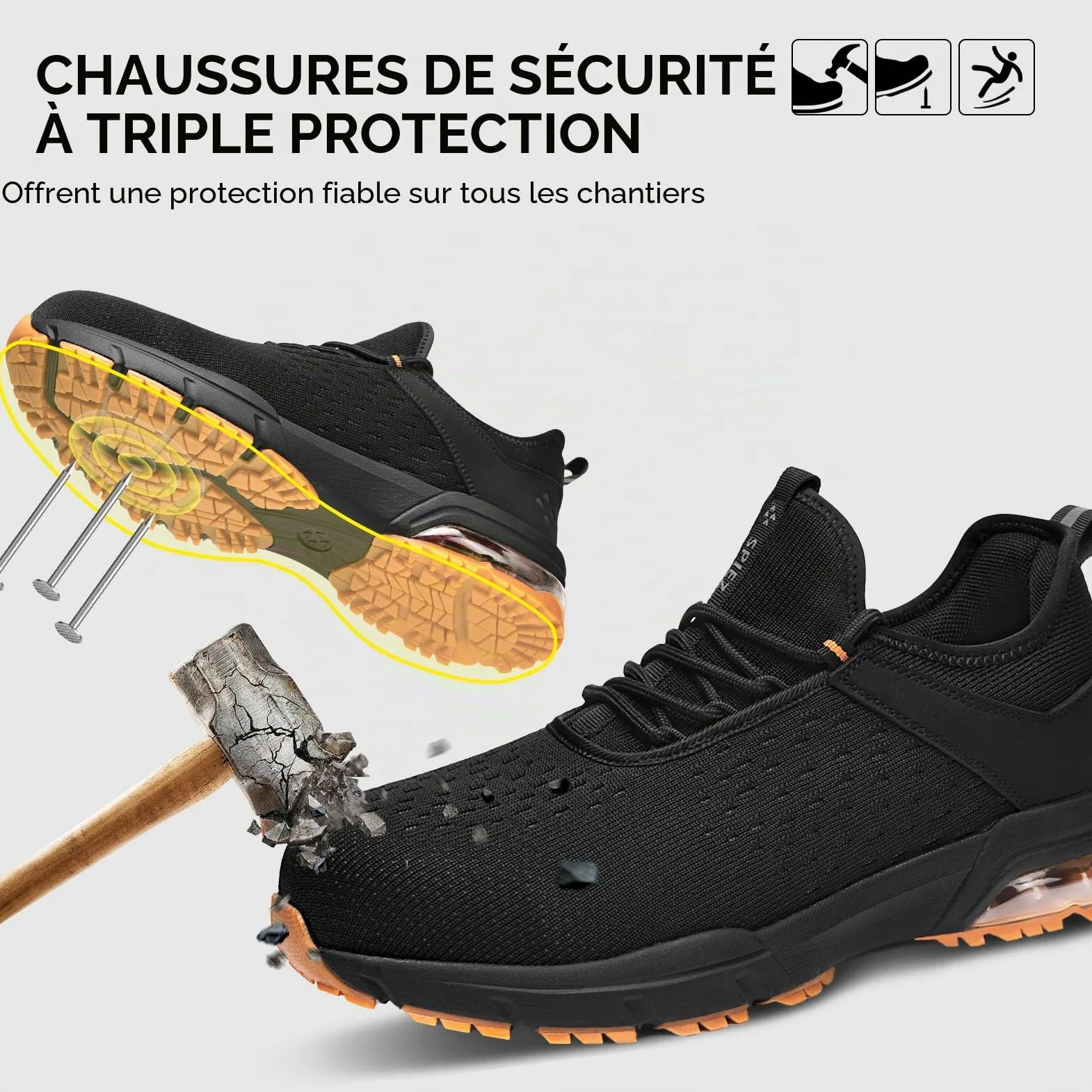 SPIEZ Chaussures de sécurité pour Hommes et Femmes - Embout Composite Non métallique à Coussin d'air, Design de Chaussure de Mode légère, enfilage Mains Libres, Noir Orange EU 36-46