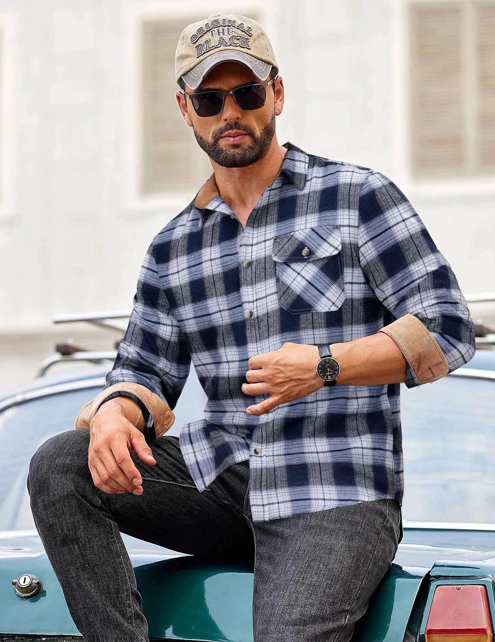 COOFANDY Chemise à carreaux décontractée boutonnée à manches longues en flanelle pour homme avec poche