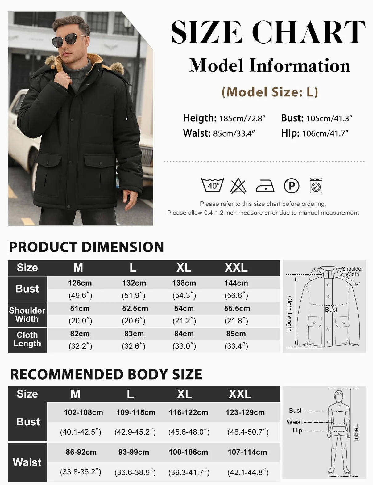 TOMEEK Manteaux Homme Hiver Parka Chaud Veste en Polaire Décontracté Blousons Epaissie Manteaux Thermique Coupe-vent Veste avec Poches Capuche Amovible Outdoor Manteau