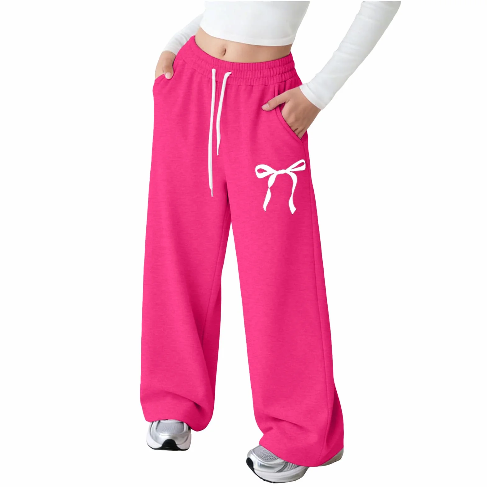 Générique Pantalon Jogging Filles Baggy Pantalon de Survêtement avec nœud Imprimé Taille Élastique avec Cordon de Serrage à Jambes Larges Pantalons Confort Décontracté Jogging Baggy Enfant Ado