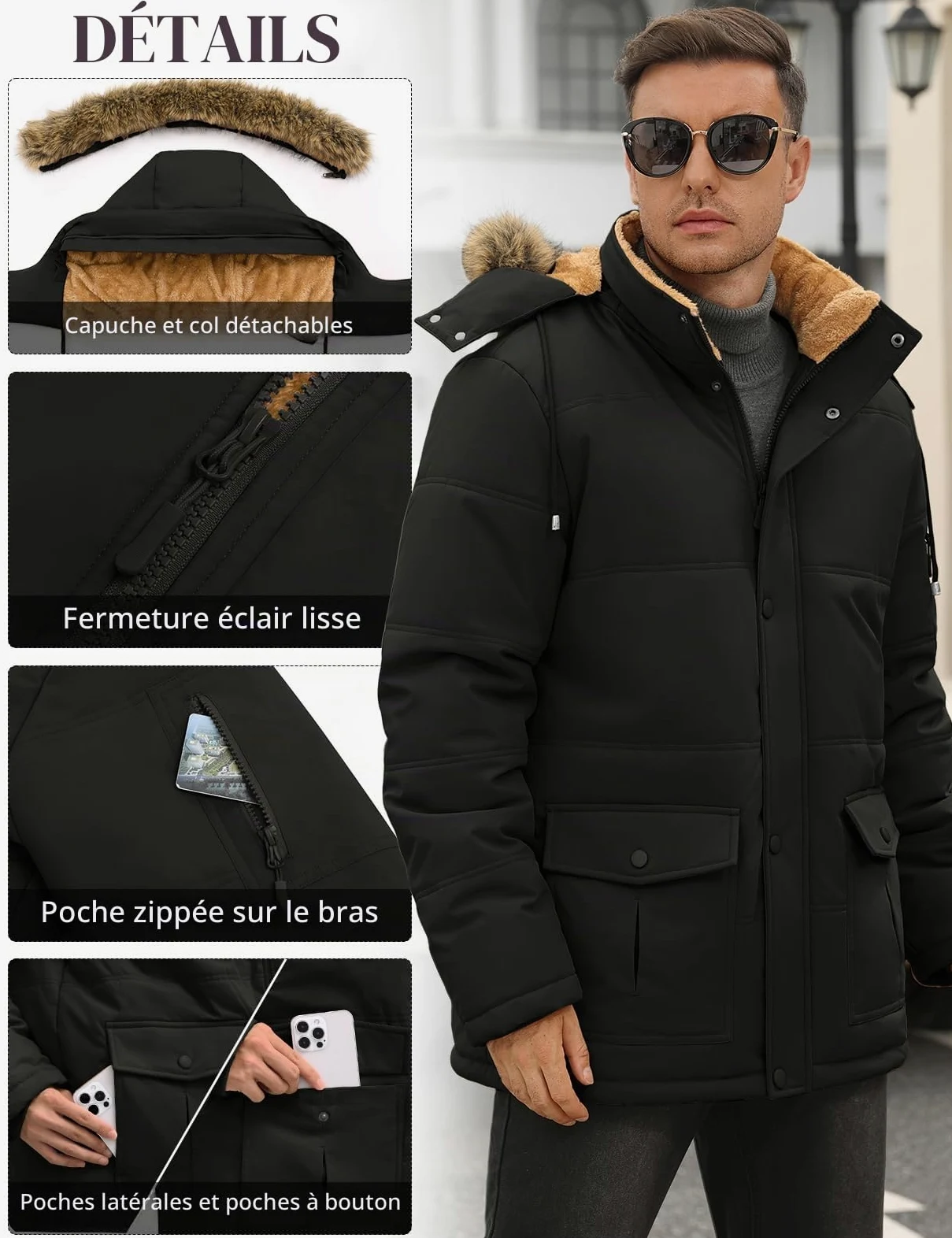 TOMEEK Manteaux Homme Hiver Parka Chaud Veste en Polaire Décontracté Blousons Epaissie Manteaux Thermique Coupe-vent Veste avec Poches Capuche Amovible Outdoor Manteau