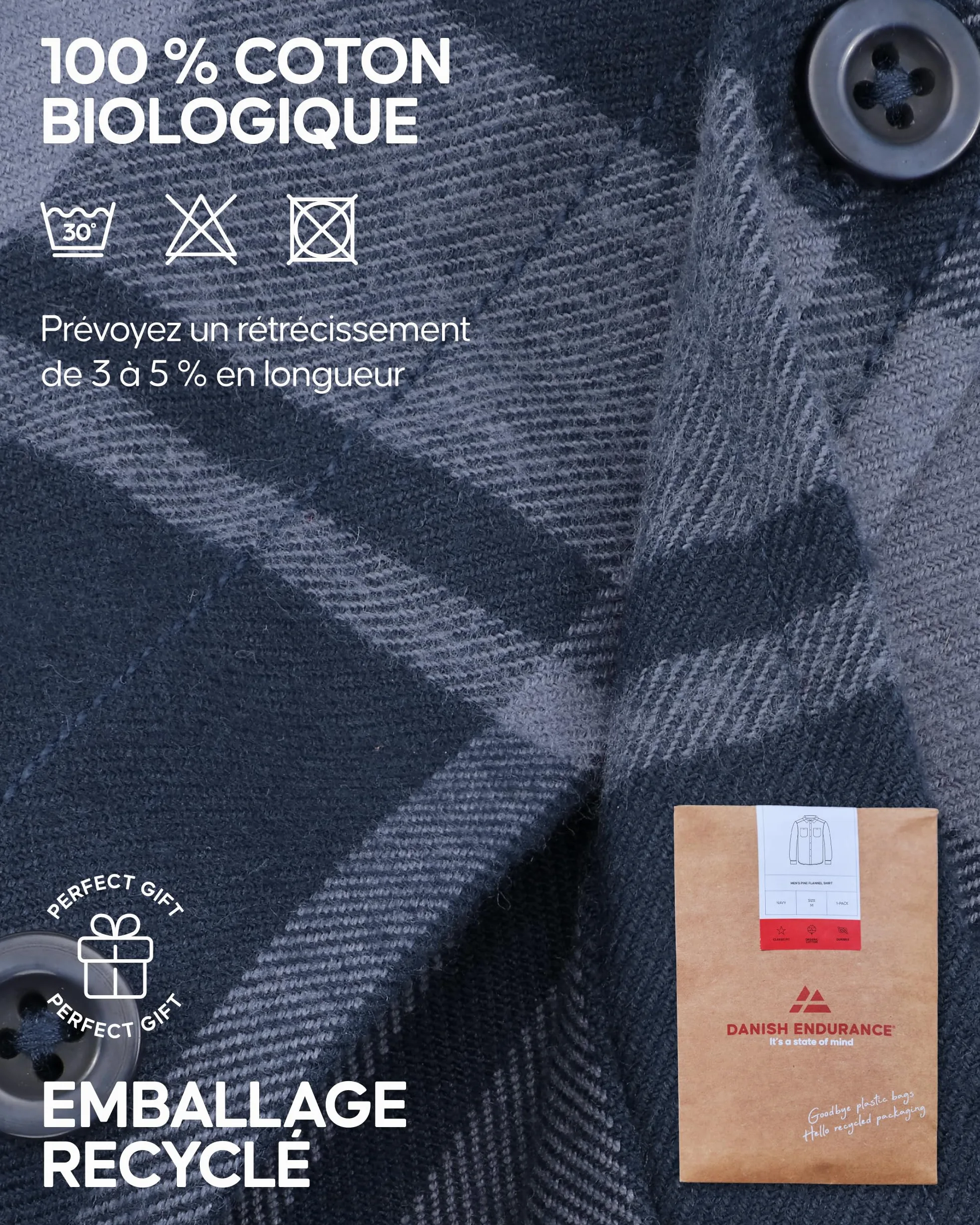 DANISH ENDURANCE Chemise en Flanelle Homme, 100% Coton Biologique | Chemise en Flanelle, 100 % Coton Biologique Doux et Durable, Coupe Décontractée, pour Loisirs et Activités en Extérieur