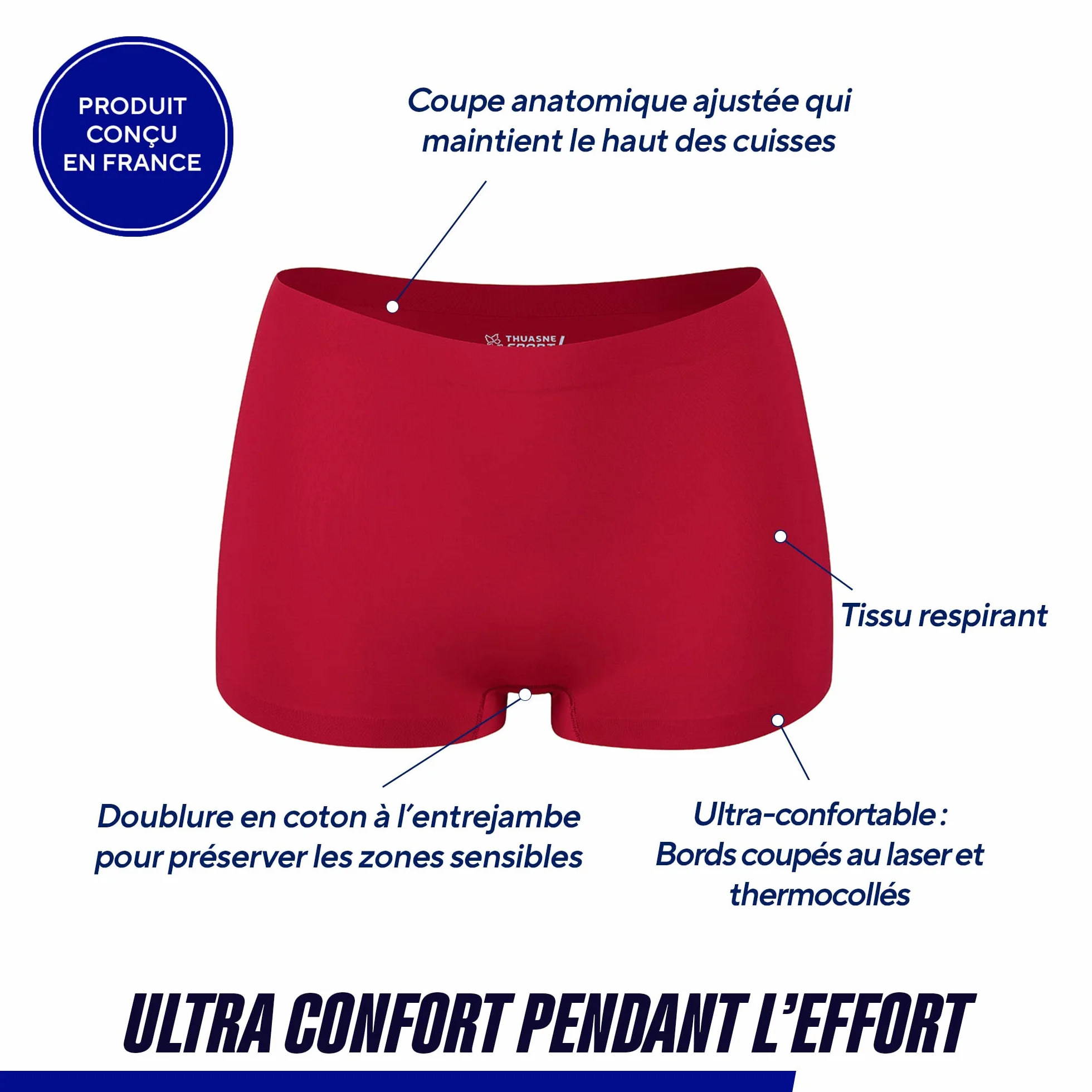 Thuasne - Shorty de Sport Thermoseam - Coutures Plates - Réduction des Frottements - Tissu Aéré - Maintien du Haut des Cuisses - Rouge, XL