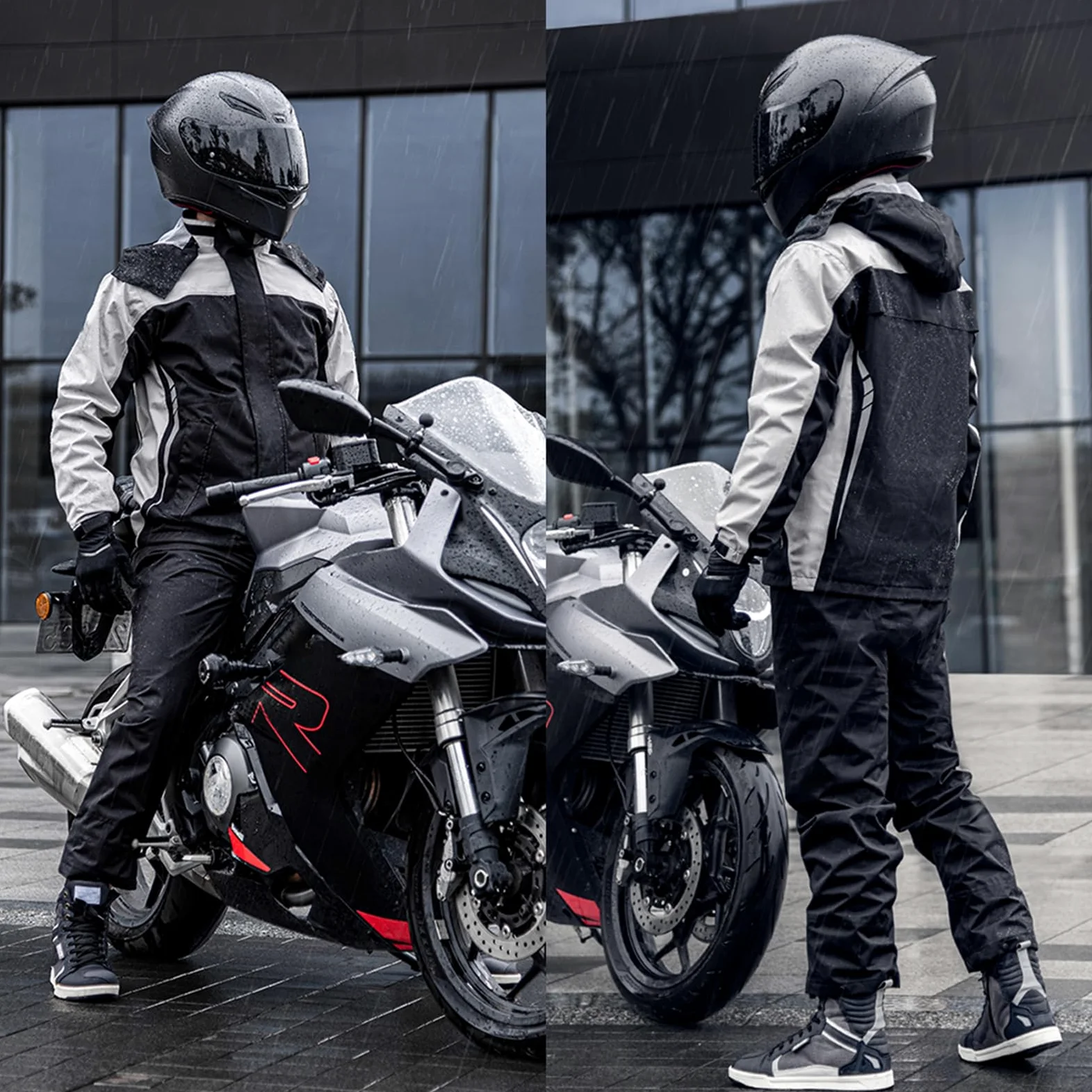 Veste de Pluie, Combinaison de Pluie Imperméable pour Moto pour Hommes et Femmes, Vêtement de Pluie pour Vélo, Veste et Pantalon avec Sac de Rangement, Veste de Pluie Imperméable et Respirante
