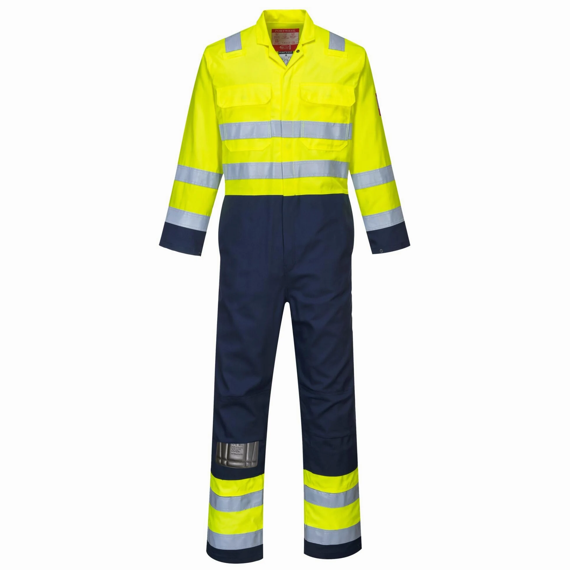 Portwest BIZ7 Combinaison Anti Statique Bizflame Pro Coutures Double Piqûre | Jaune/Marine, 4XL, EN ISO 20471 Classe 3, EN ISO 11612, EN 1149-5, Fermeture Pressions, Boucles Radio, Poches Genoux