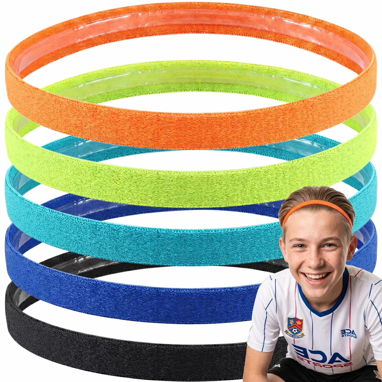 Awumbuk Bandeau Cheveux Sport Enfant, 5 Pcs Elastique Fin Antidérapantes Bandeau Fille Garcon Anti Transpiration Headband pour Running, Football, Cyclisme, Danse