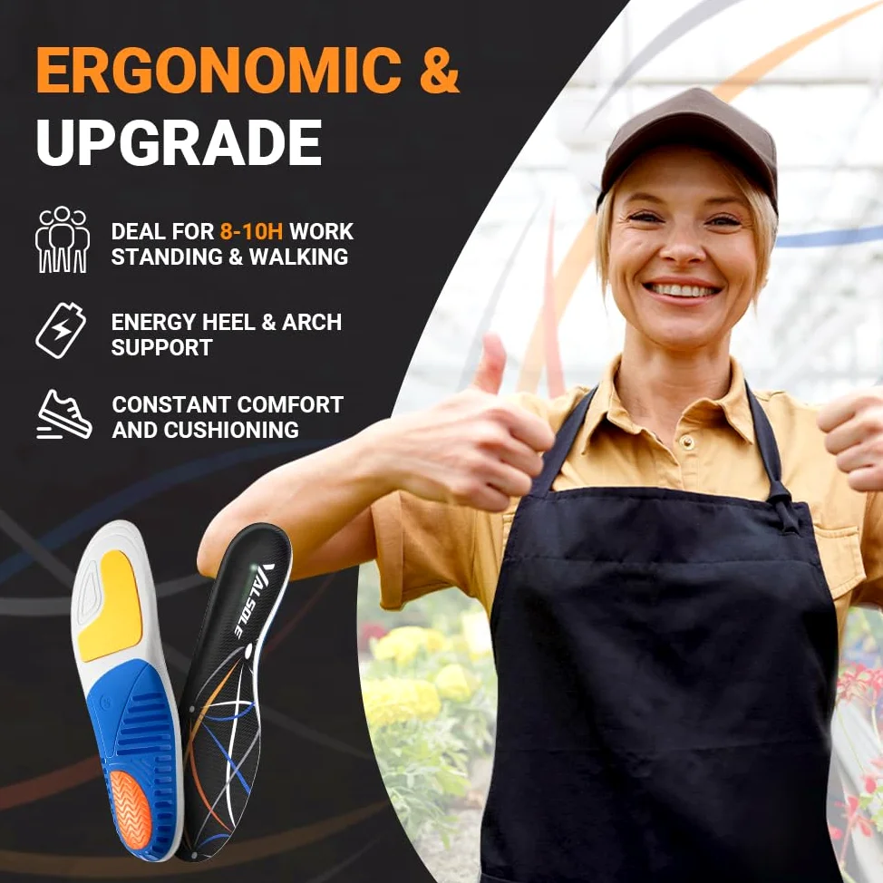 Valsole Semelles orthopédiques pour fasciite plantaire, soutien élevé de la voûte plantaire, semelles orthopédiques pour pieds plats, pour homme et femme, soutien robuste, bottes de travail, semelles