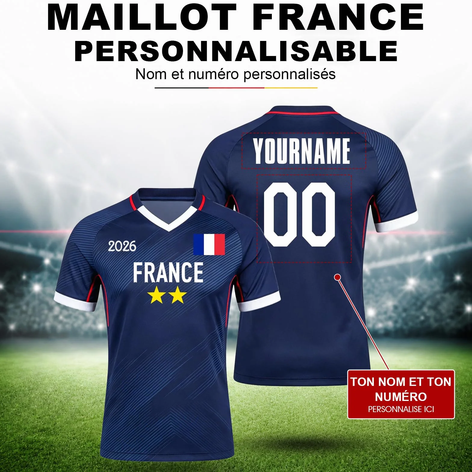 Maillot France 2026 Maillot de Foot Enfant Personnalisé avec Nom et Numéro T-Shirt de Football pour Homme Garçon Adulte, Confortable Respirant, Cadeaux de Football Personnalisés