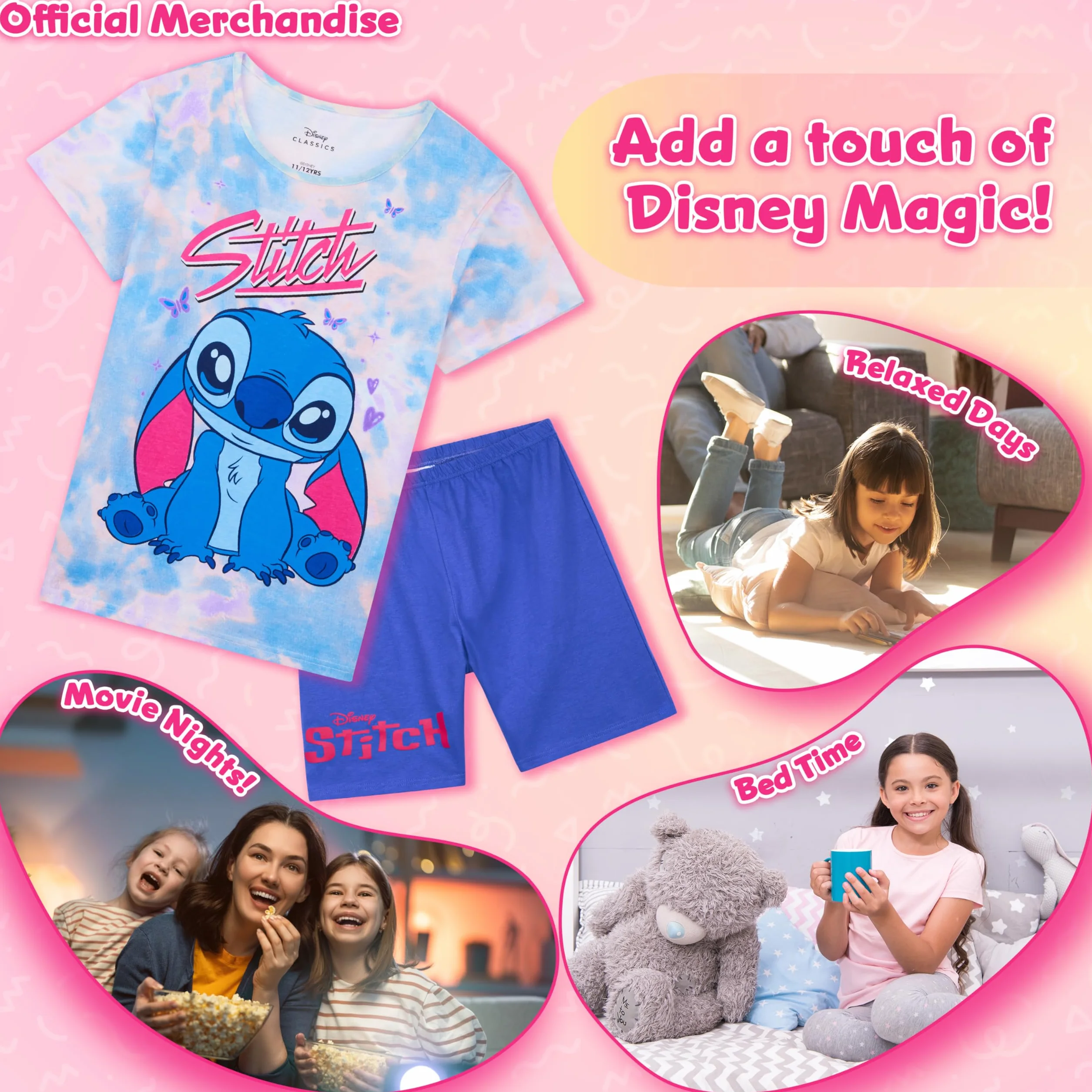 Disney Pyjama Stitch Fille, Ensemble de Pyjama Short Fille, Pyjama Ado Fille, Cadeau Fille Ado Vetement Enfant Fille Ado 4-14 Ans Stitch Bourriquet
