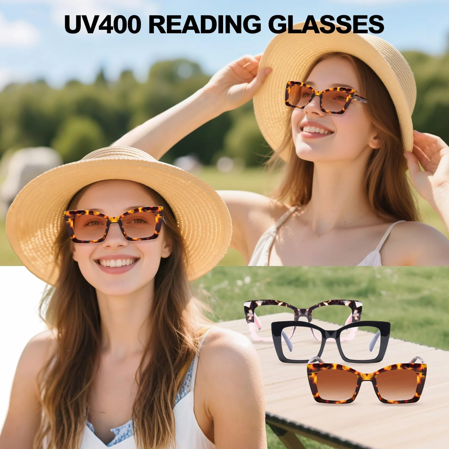 Lot de 3 Oprah Lunettes de Lecture Oversize pour Femmes, Lunettes Loupe Carrées Surdimensionnées Anti-Rayons Bleus, Lecteurs Mode et Charnières à Ressort