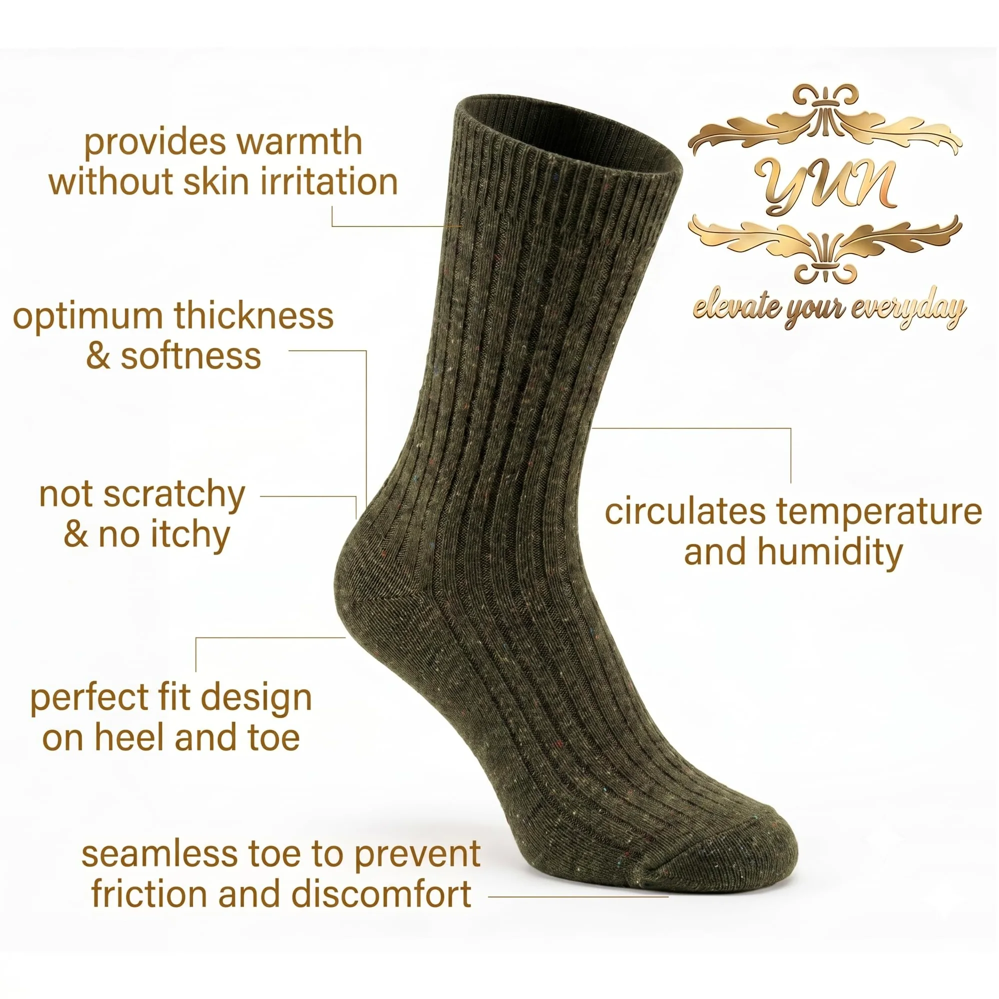 YUN Lot de 3 paires de chaussettes d'hiver traditionnelles pour homme 100 % laine
