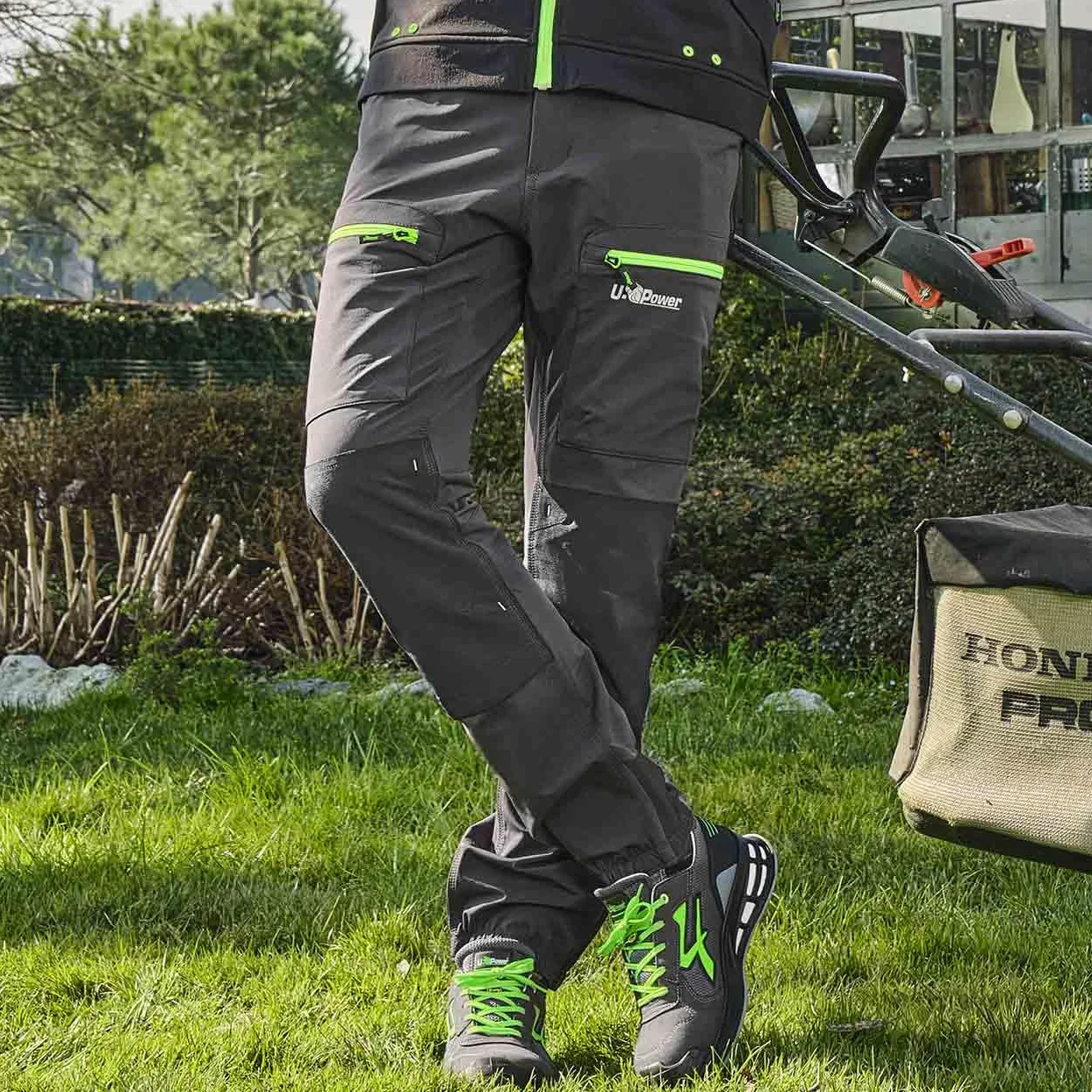 U-Power Don't Worry... BE Happy! - Pantalon de Travail en Tissu Stretch avec Poches, Coupe Jogging Horizon Asphalt Grey/Green, Pantalon de Travail décontracté pour Homme