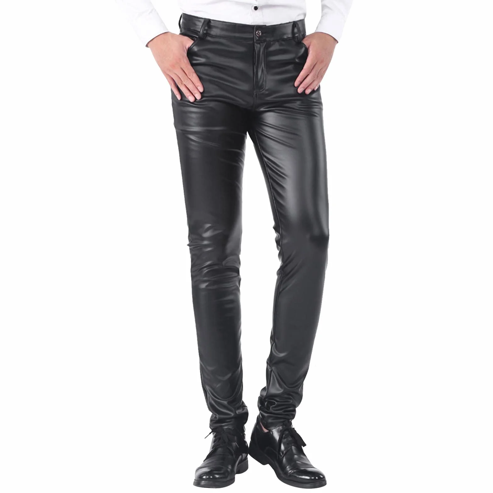 Generisch 2026 Pantalon en cuir pour homme, coupe étroite, leggings, couleur élastique, tendance, pantalon de moto, pantalon d'entraînement pour homme, lisse, Noir , 32/L