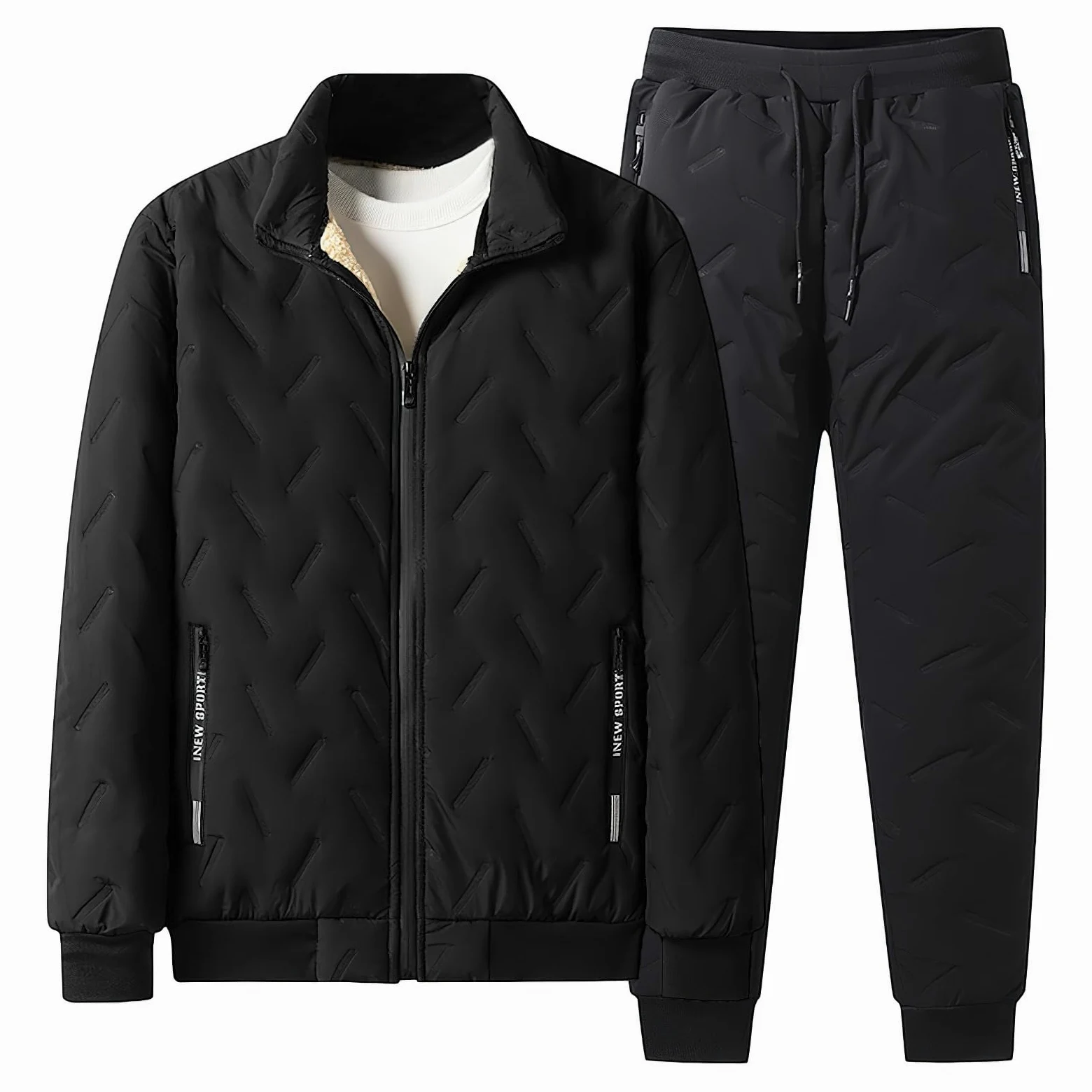 Homme Hiver Chaud Ensemble Survêtement Matelassé Doublé Polaire Veste et Pantalon de Jogging avec Poches Zippées
