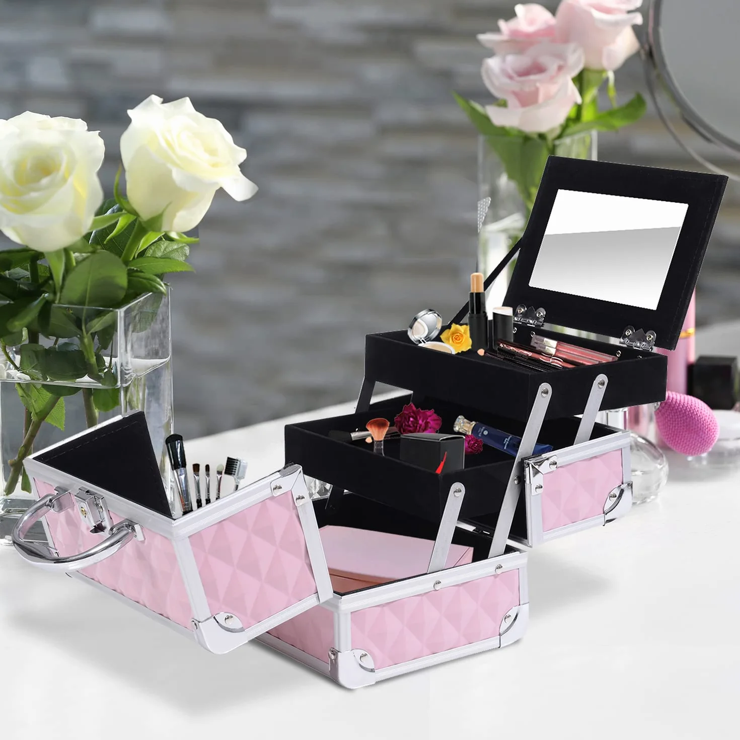 HOMCOM Mallette à Maquillage Rangement 3 Niveaux Miroir Verrouillage 2 Clés