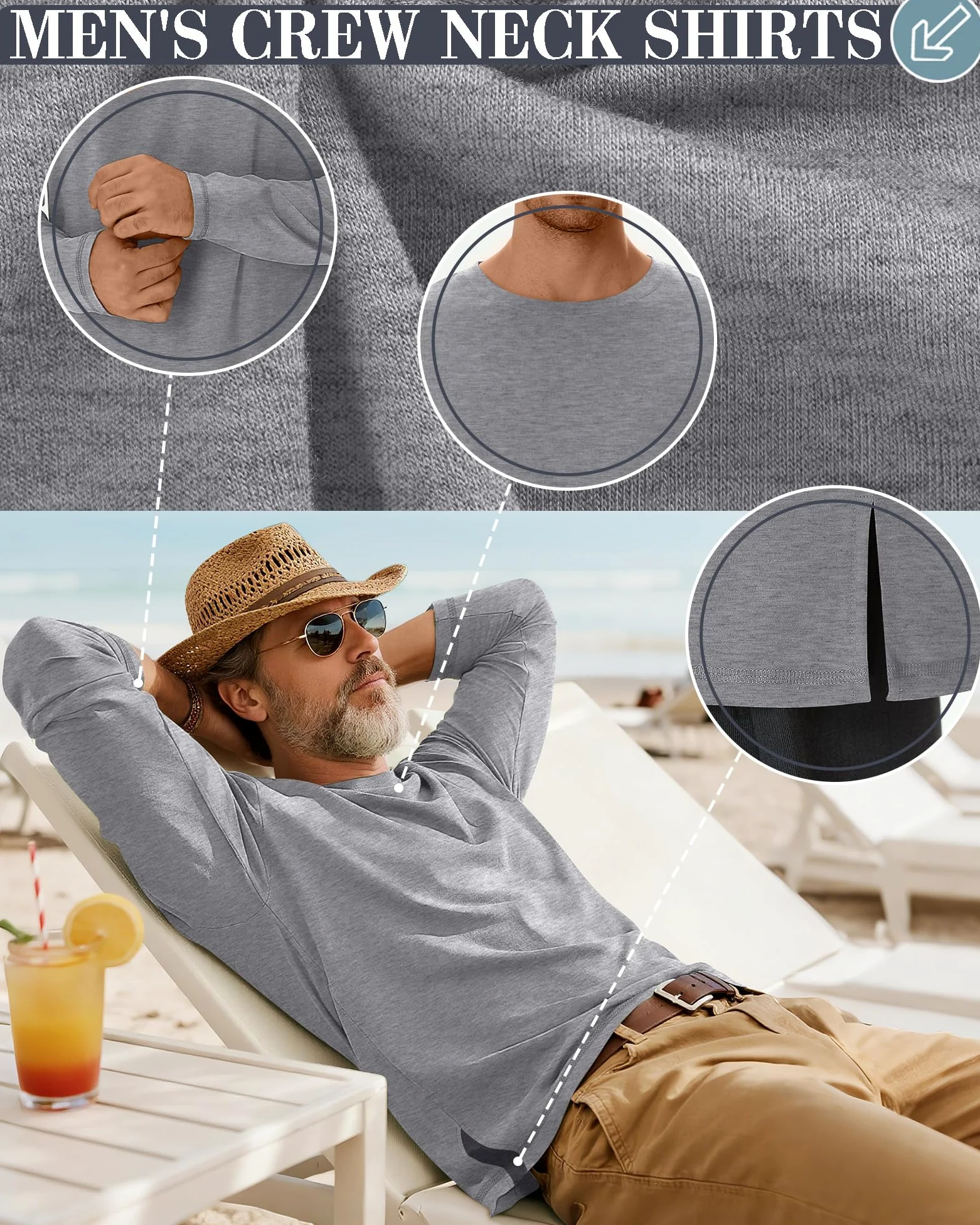 Neer Lot de 4 chemises à manches longues en coton à col rond pour homme - T-shirts amples décontractés et amples - Pour homme