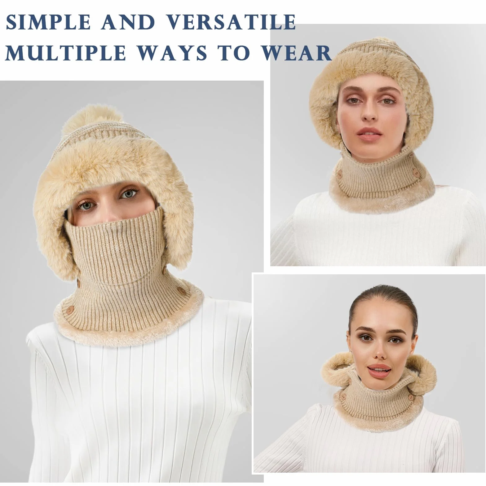 TAGVO Balaclava en Tricot avec Cache-Cou Masque Facial Réglable pour Les Femmes, Hiver Chaud Tricoté Bonnet Et Ensembles De Cache-Cou, Cagoule Tricoté Cache Cou Cache Oreille avec Pompon