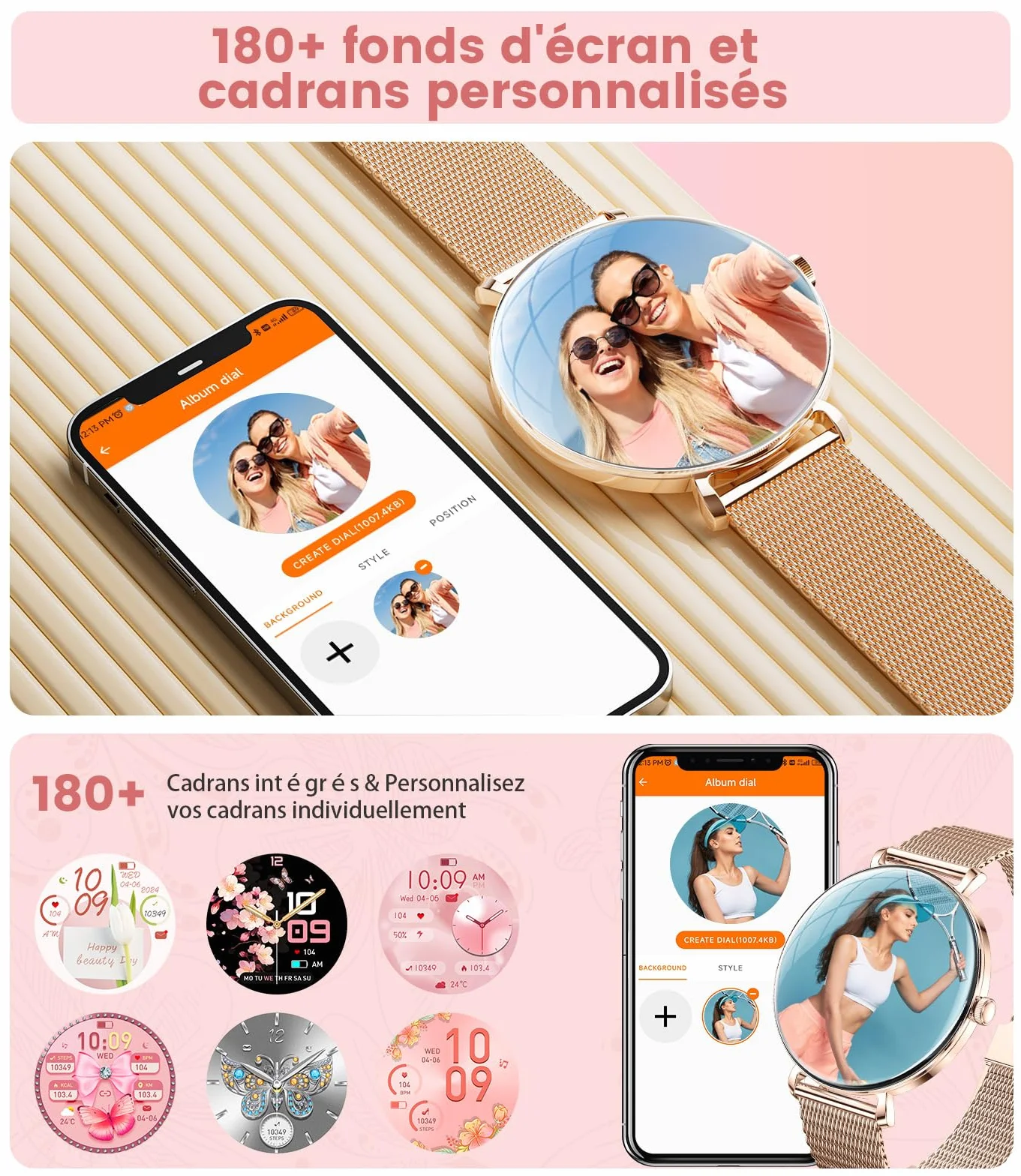 Léger Montre Connectée Femme avec Extra-plat Écran Courbé AMOLED Bluetooth Appels Podómetro/Fréquence Cardiaque 100+ Modes Sportifs 5ATM Imperméable Smartwatch pour Femme Android iOS Rose Dorée