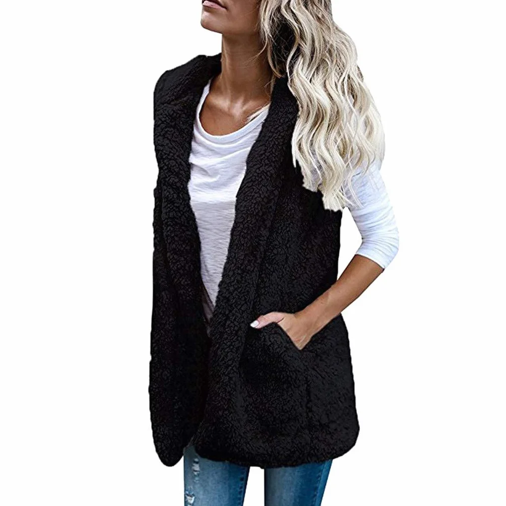 Gilet en polaire pour femme, gilet sans manches, confortable et doux, sans manches, ouvert sur le devant, gilet d'hiver chaud et moelleux avec poches