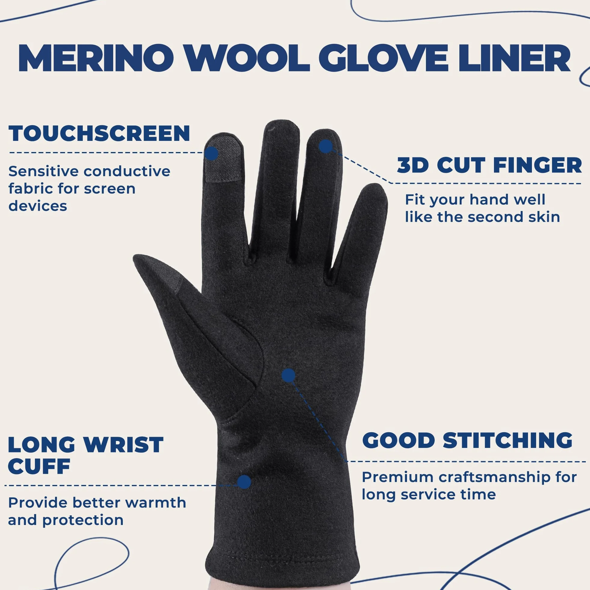 ACUSHLA Doublure de gants 100 % laine mérinos – Couche de base légère pour écran tactile pour homme et femme
