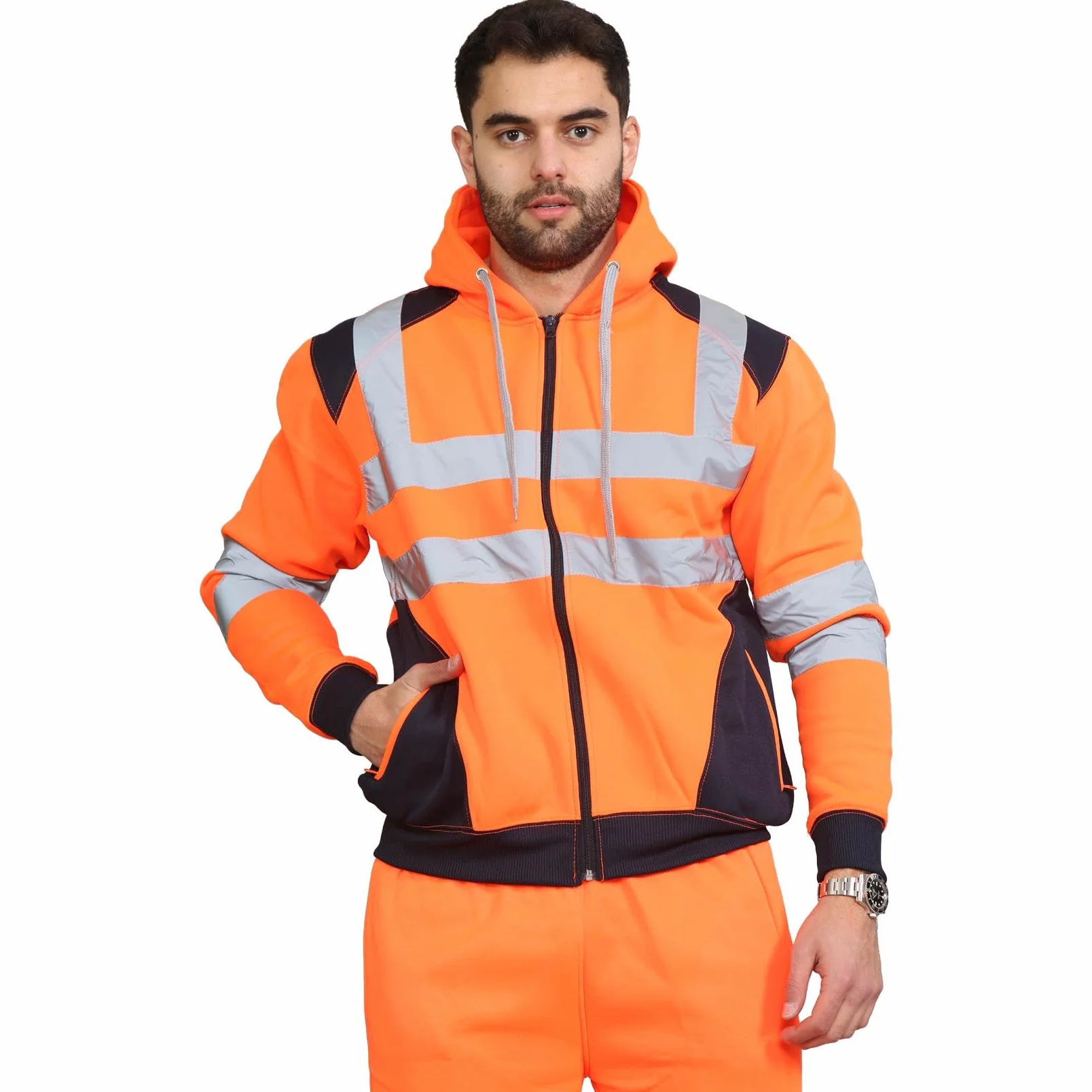 Homme Veste Haute Visibilité, Sweat Homme Capuche Zippé, Patch de Contraste Pull Over Sweat Polaire Homme Veste de Travail Homme Chantier