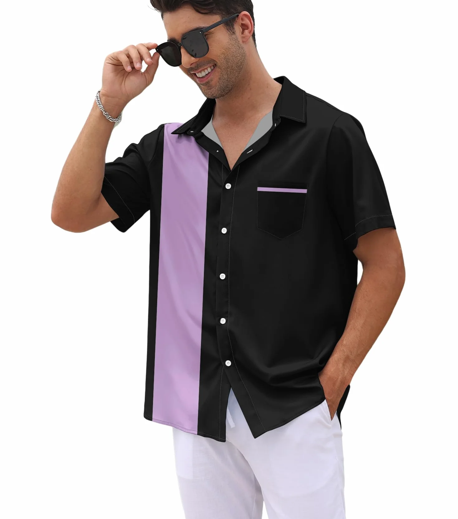 Chemises de bowling vintage des années 1950 pour hommes, chemises cubaines décontractées à manches courtes boutonnées contrastées pour l'été