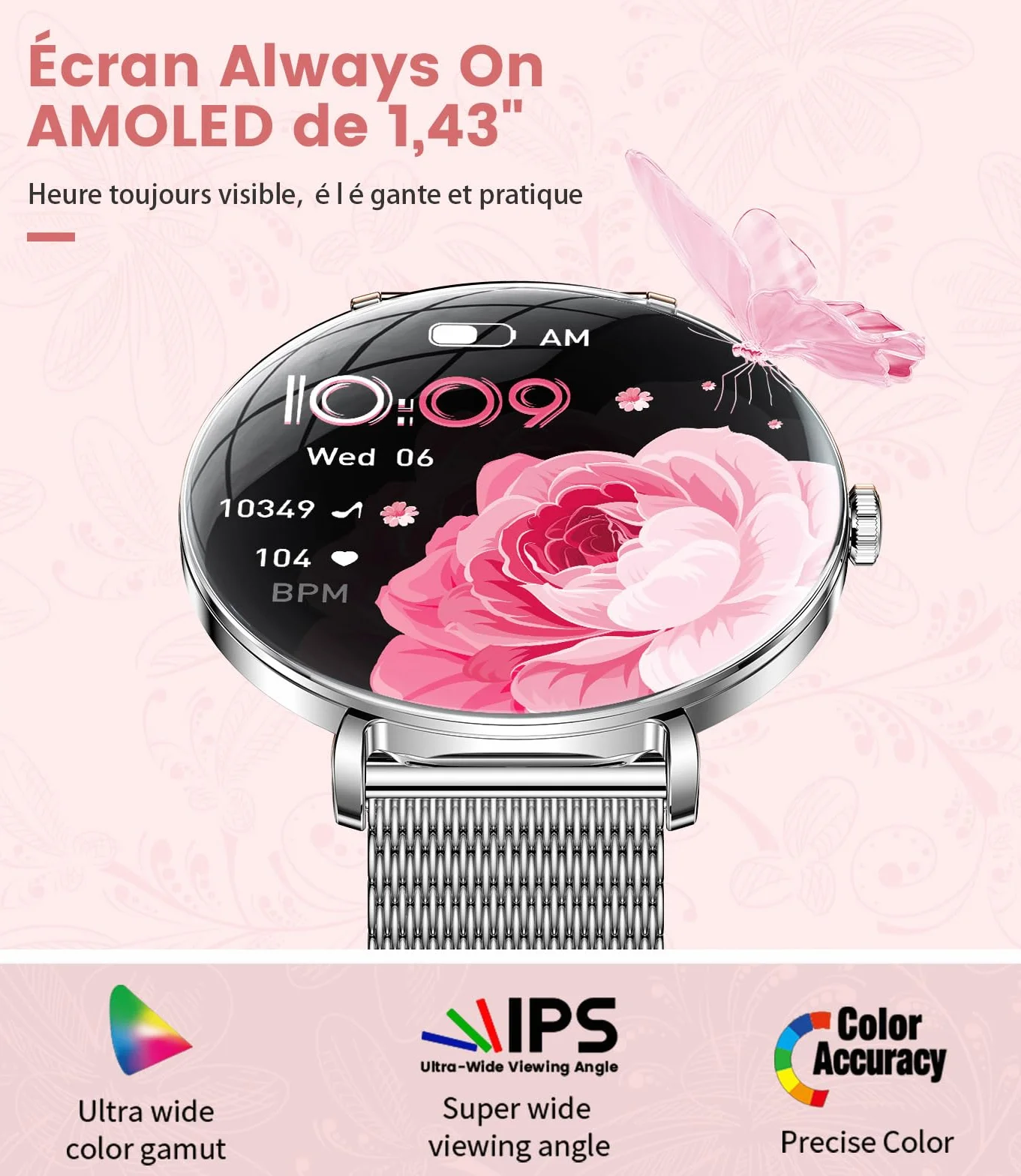 SUNKTA Montre Connectée Femme Léger avec 1.43'' Écran Courbé AMOLED Appels Cycles Menstruels/Podómetro/Fréquence Cardiaque 100+ Modes Sportifs 5ATM Imperméable Élégante Femme Smartwatch Android iOS