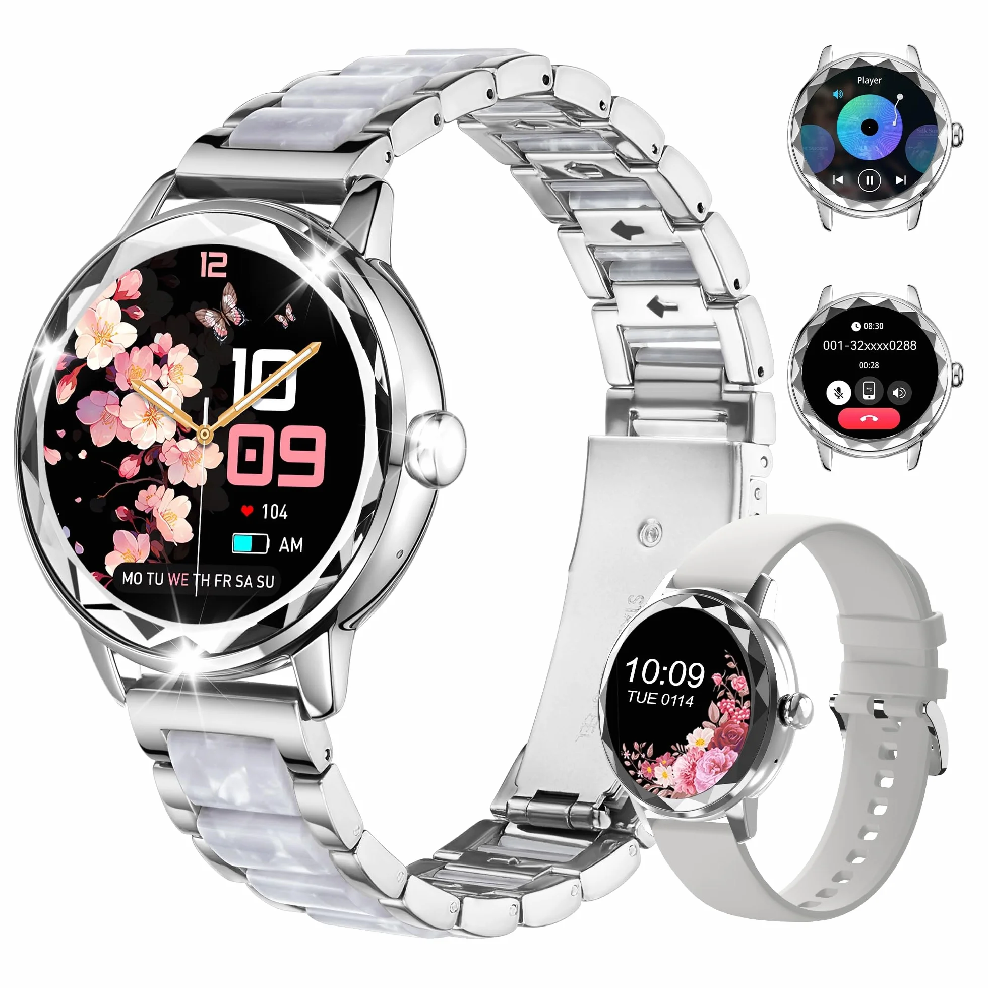 Montre Connectée Femme avec Appels, 123 Modes Sportifs, Visionneuse de Sommeil, Suivi du Cycle Menstruel, IP68 Montre Femme Connectée, Support Français, Argent Smartwatch