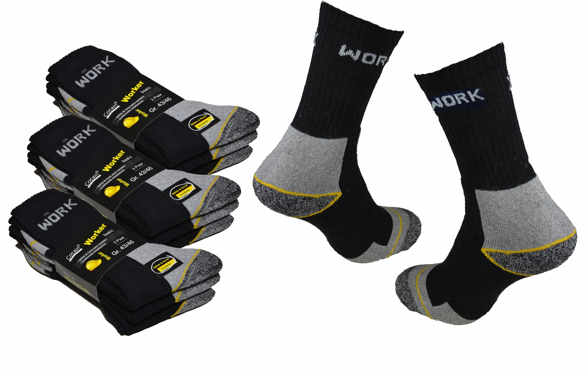 Cocain Chaussettes de travail robustes et respirantes au design technique Disponible en lot de 9, 15 ou 30 paires Taille 39/42, 43/46 ou 47/50