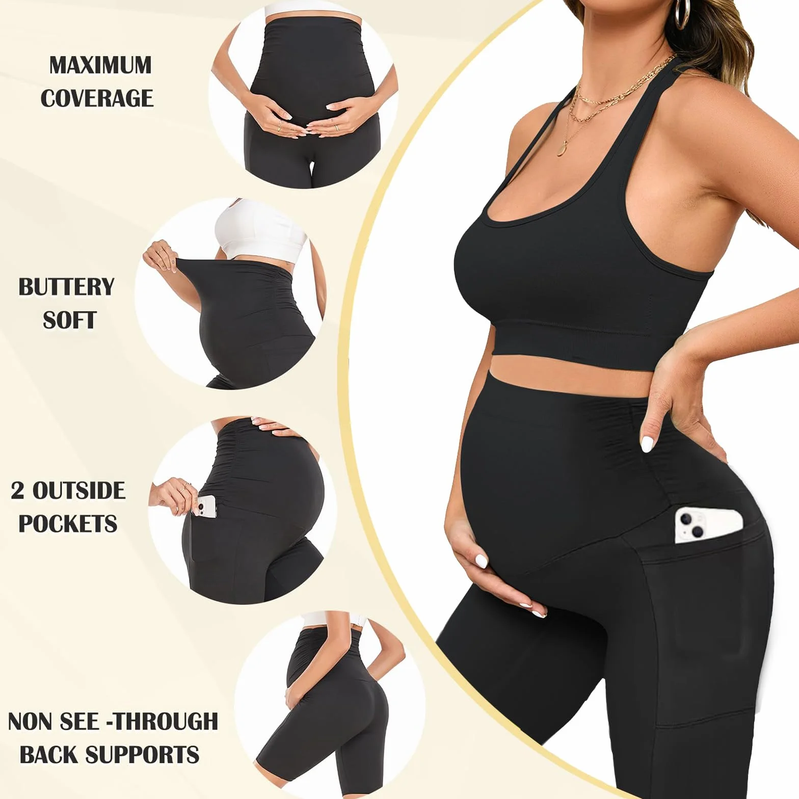 Short de maternité avec poches, taille haute, soutien du ventre, legging de grossesse, pantalon pour cyclisme, yoga, entraînement