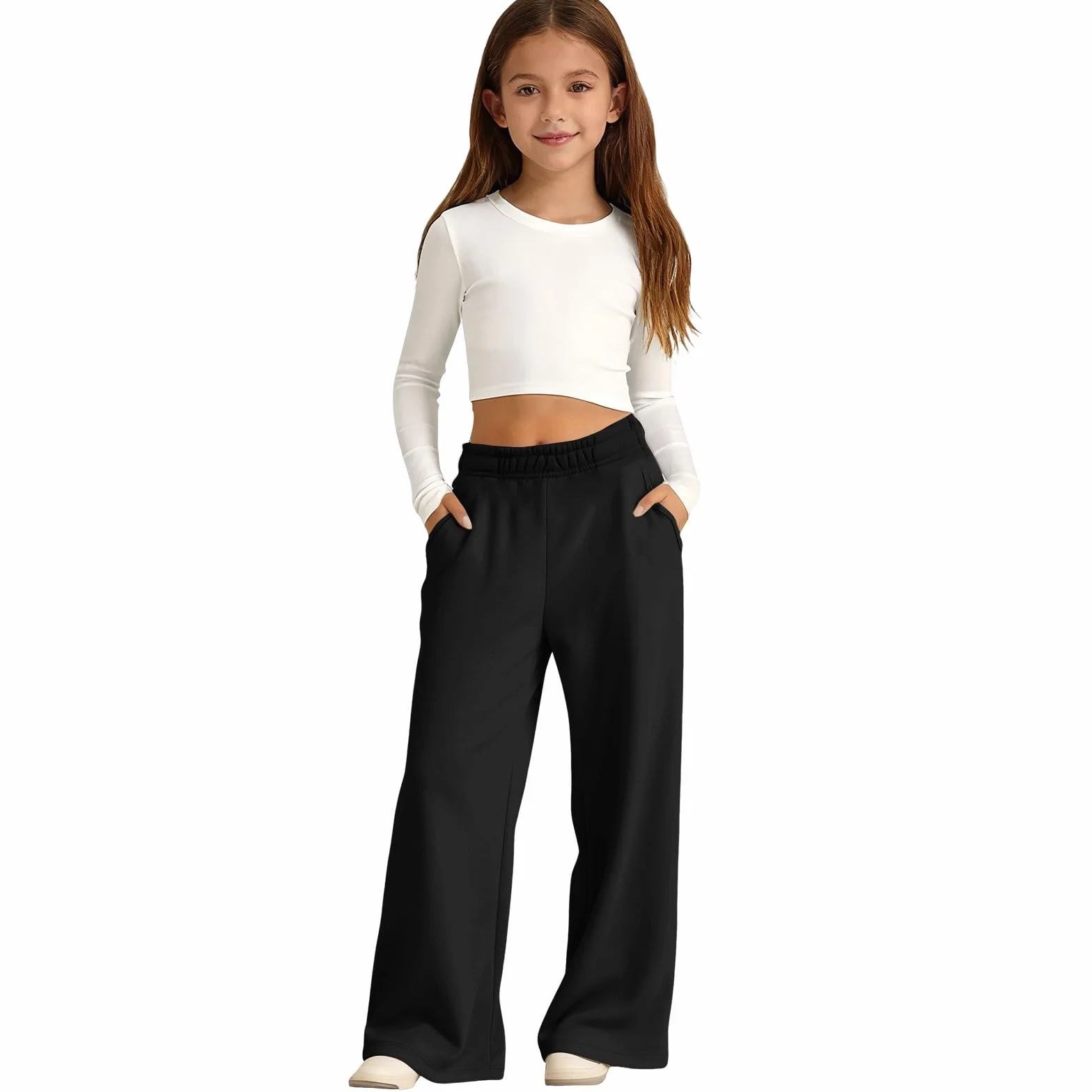 Pantalon de jogging ample à jambes larges pour filles avec poches, taille élastique, jambe droite, pantalon d'école, pantalon de sport uni, pantalon de survêtement athlétique de printemps
