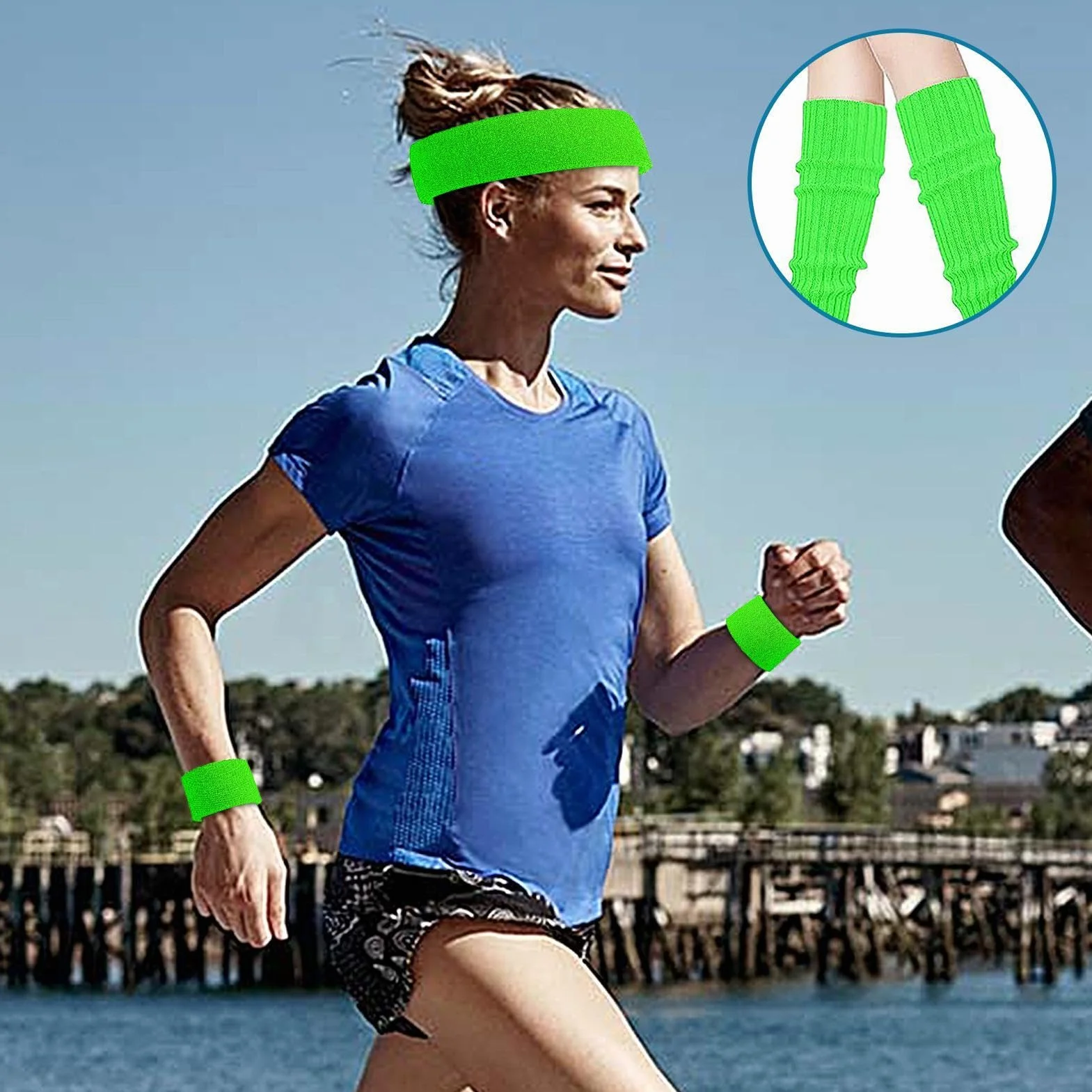 Ensemble de jambières fluo rétro néon pour discothèques à thème, fêtes des années 80, course à pied, yoga - Vert
