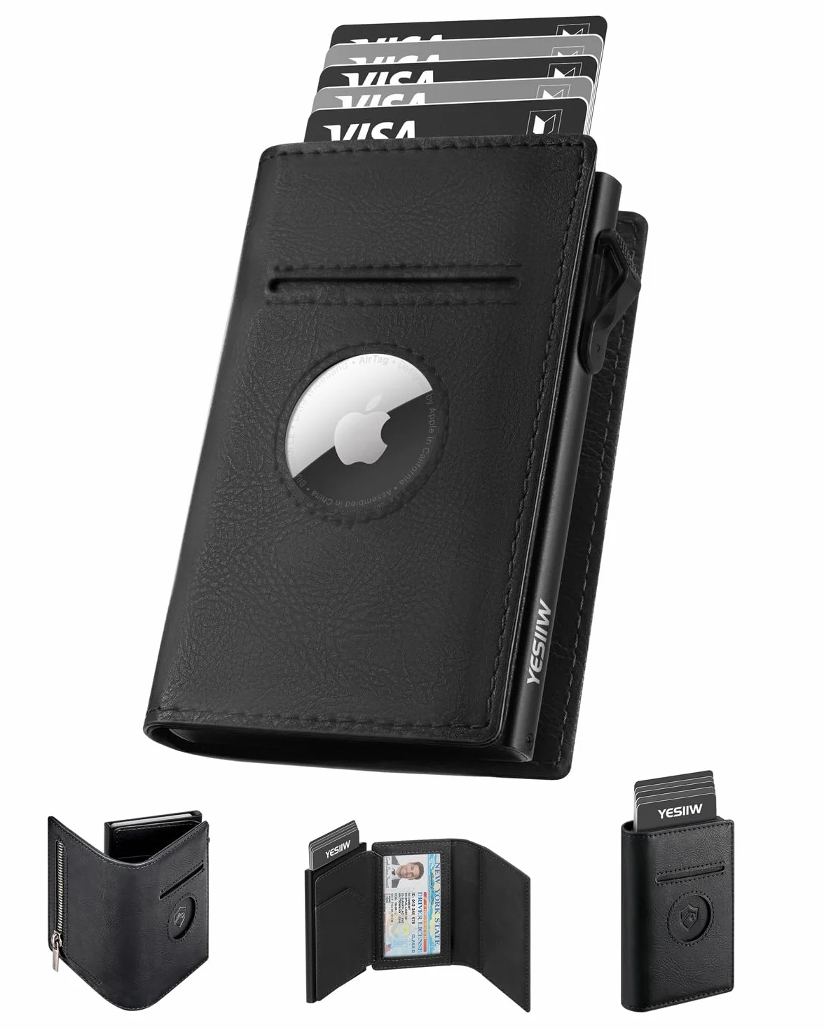 YESIIW AirTag Porte Carte Homme — Pop Up Portefeuille Homme Slim pour 9 Cartes + 1 Fenêtre ID + 12 Billets — Porte Carte AirTag avec Blocage RFID & Monnaie — Idéal Métro Bureau Voyage (Noir)
