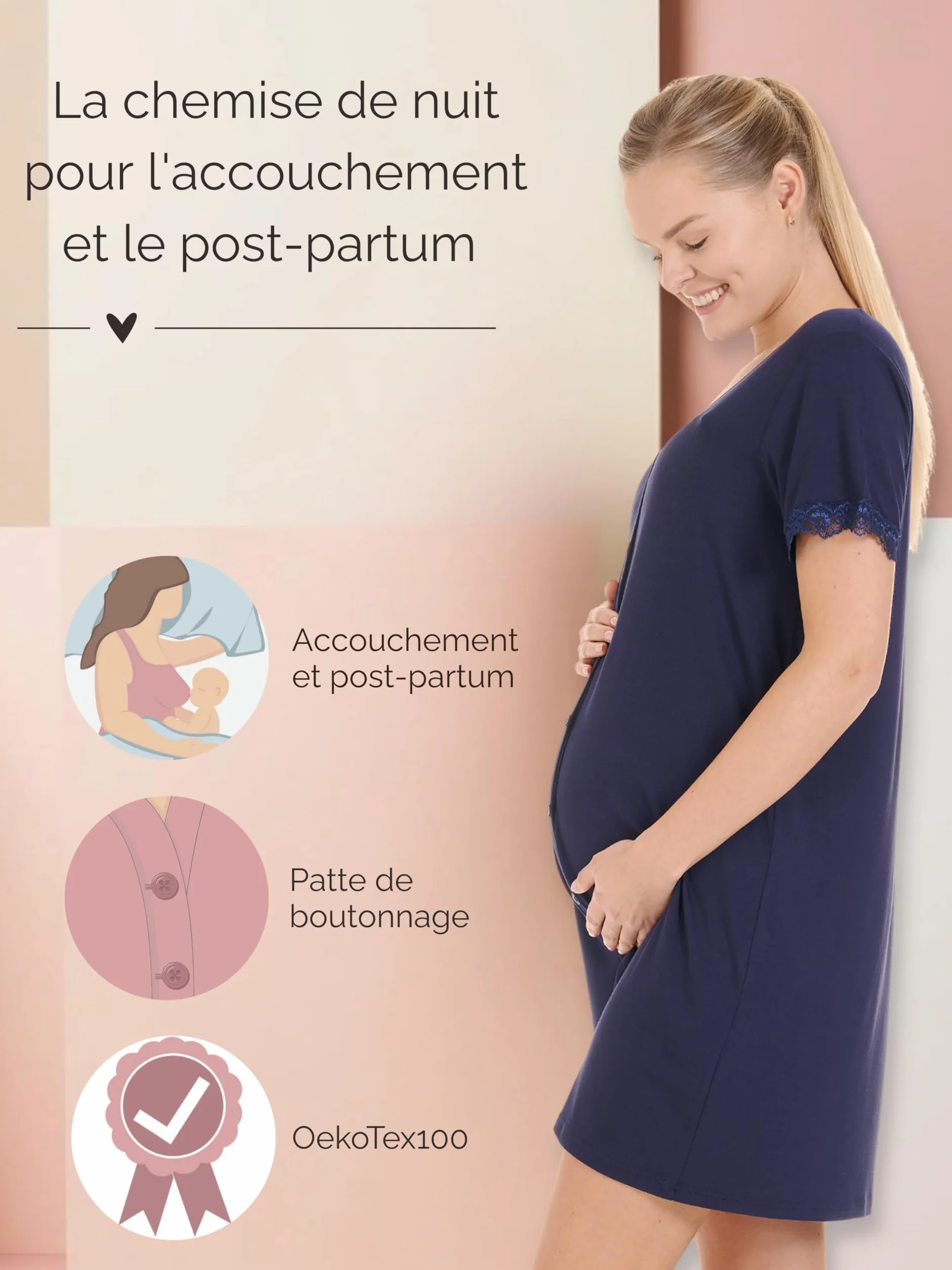 Herzmutter Chemise de Nuit d'allaitement - Chemise de Nuit Maternité Femme Grossesse - avec Boutons - Robes Grossesse Allaitement - Manches Courtes avec Dentelle - 2850
