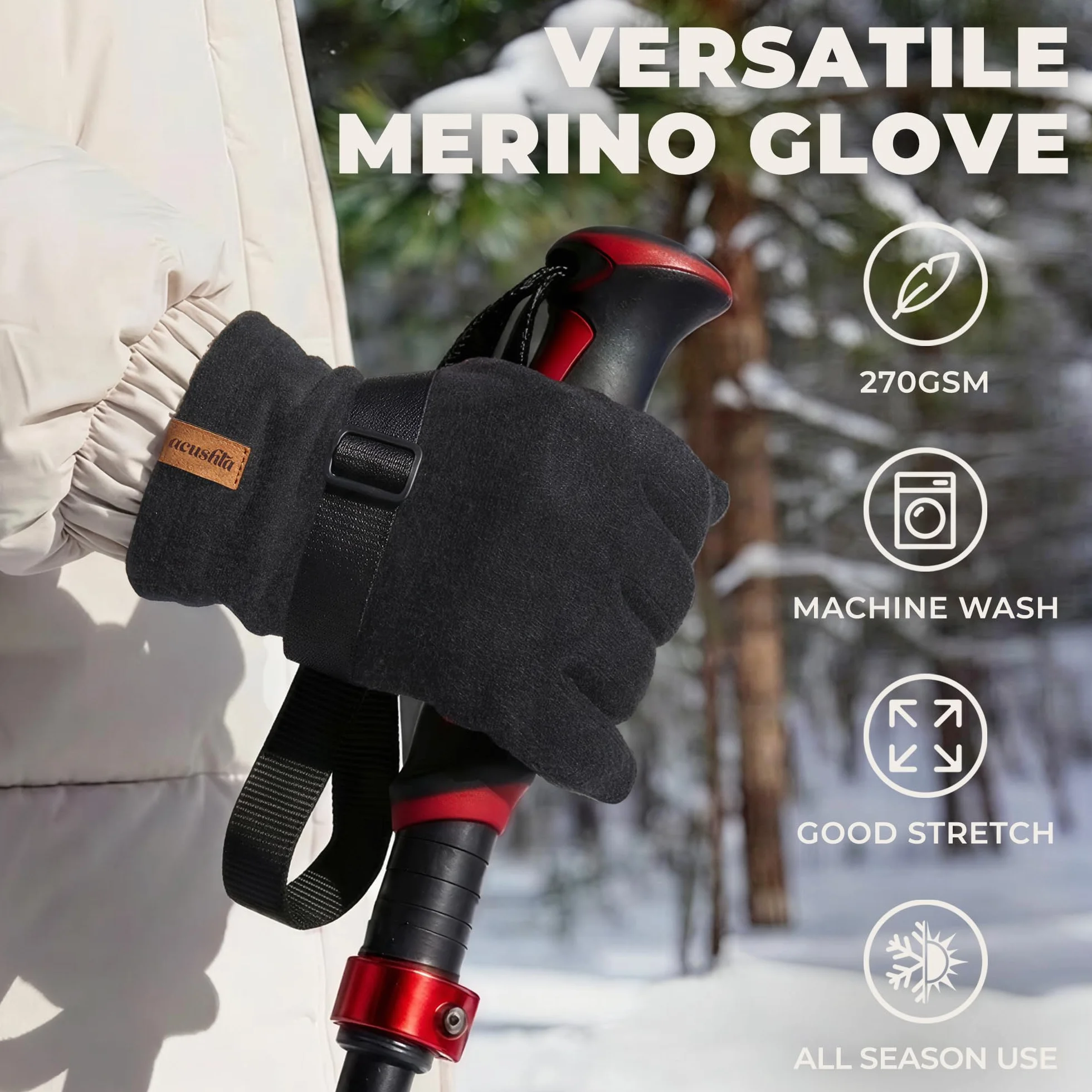 ACUSHLA Doublure de gants 100 % laine mérinos – Couche de base légère pour écran tactile pour homme et femme